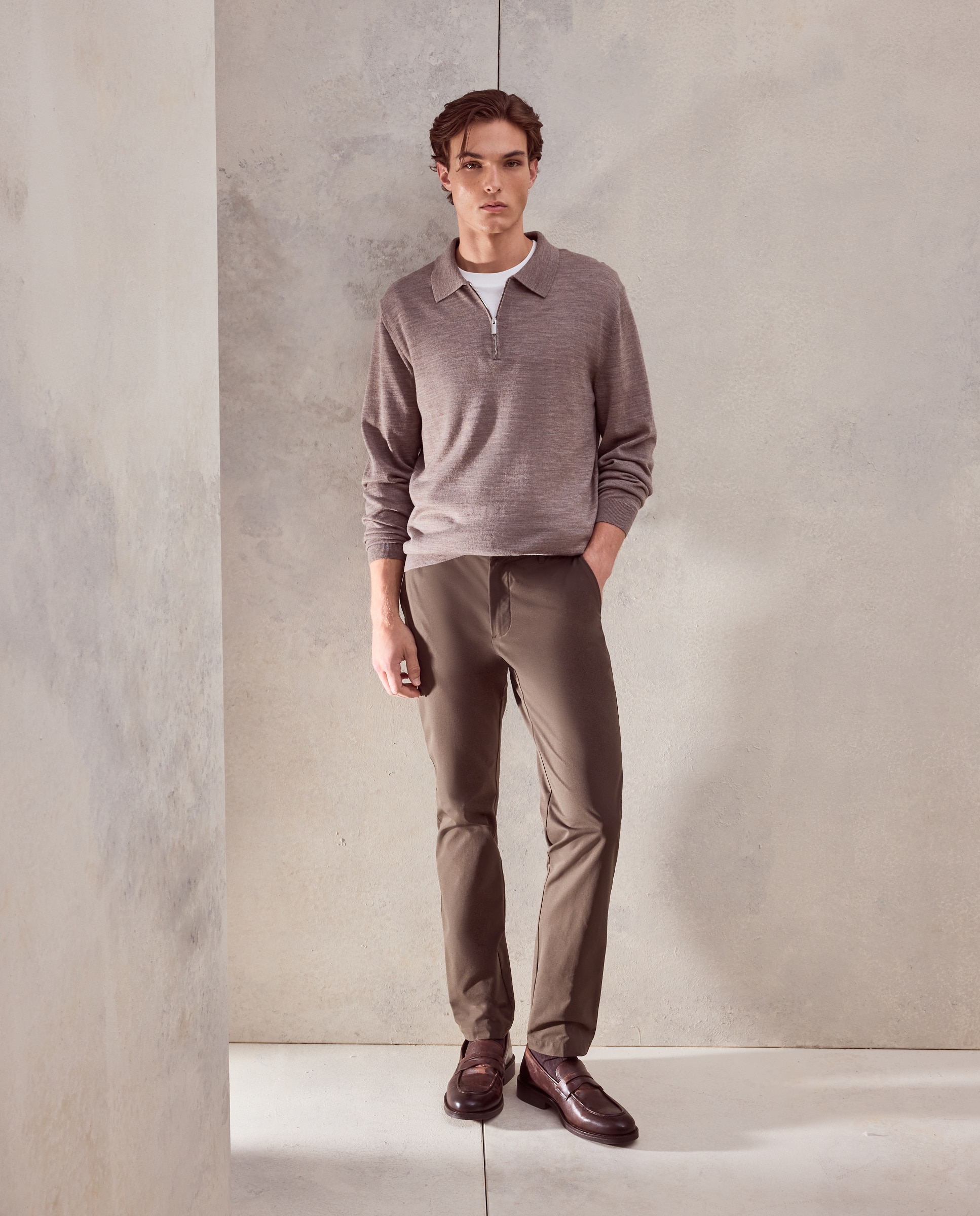 Jersey cuello Polo cremallera 100% merino extrafine de hombre - Dustin - Marrón claro Marrón claro-2