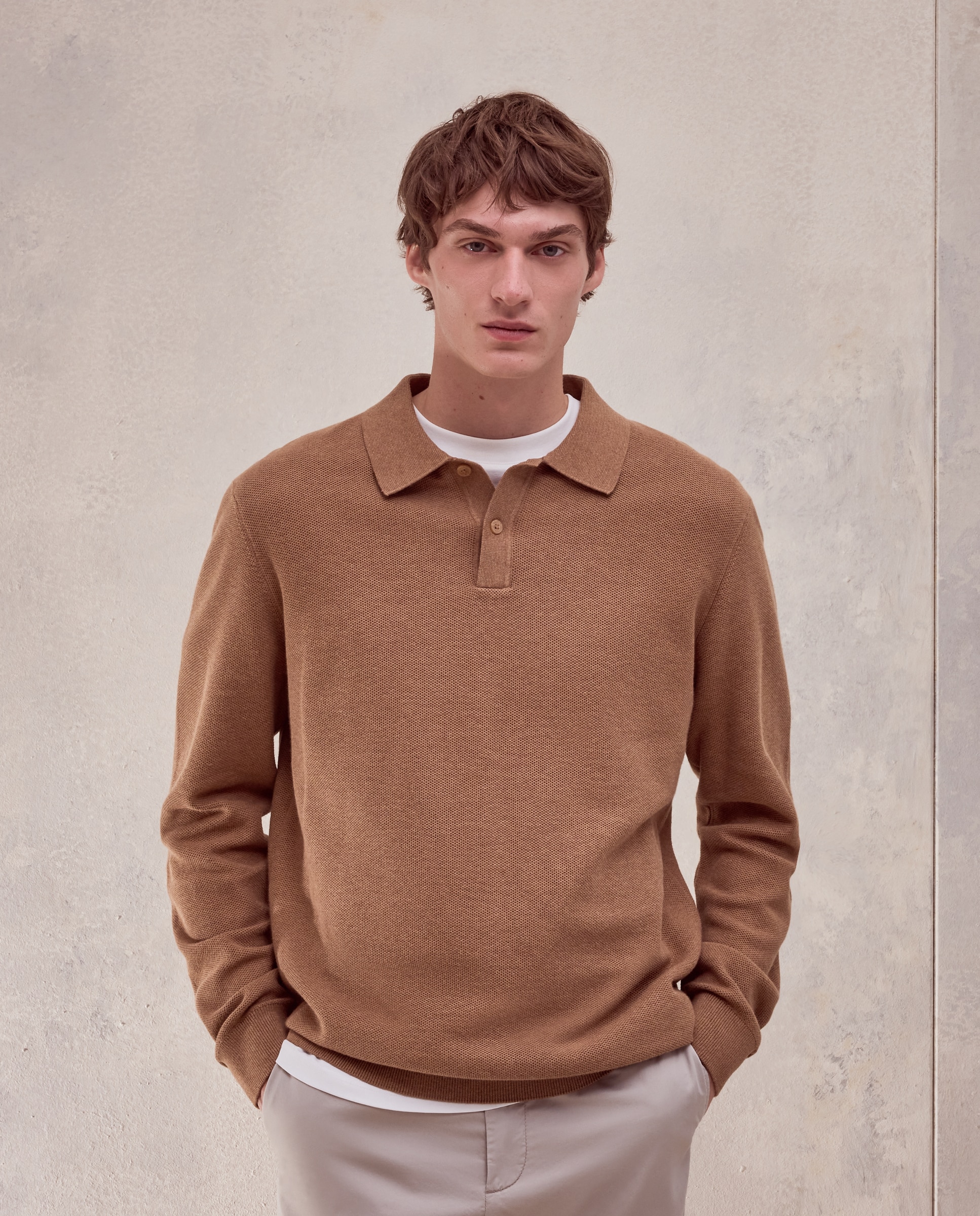 Imagen 0 de Jersey cuello polo estructura  100% algodón de hombre Marrón claro