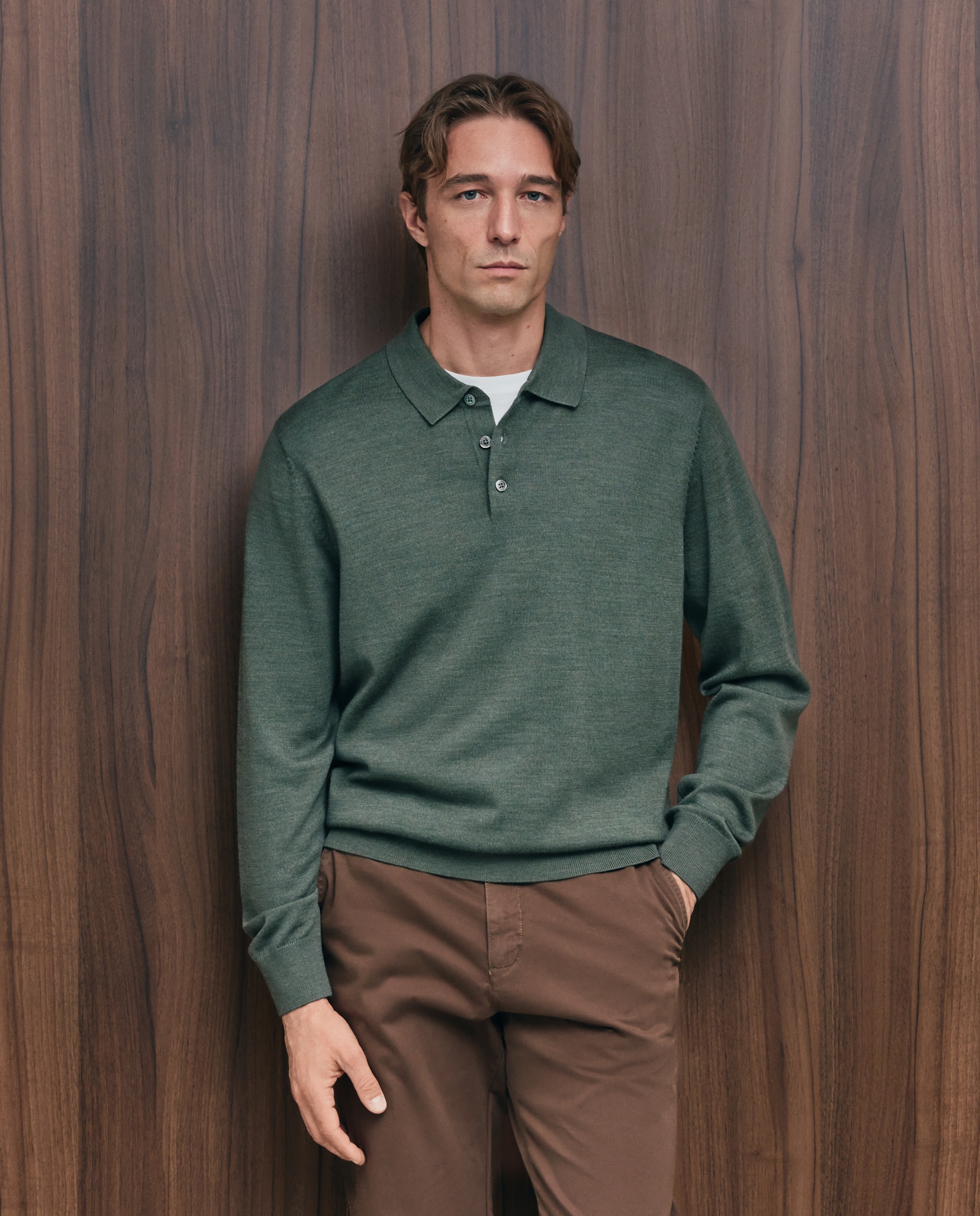 Jersey de hombre con cuello polo botones liso en lana merino - Emidio Tucci - Kaki Kaki-1