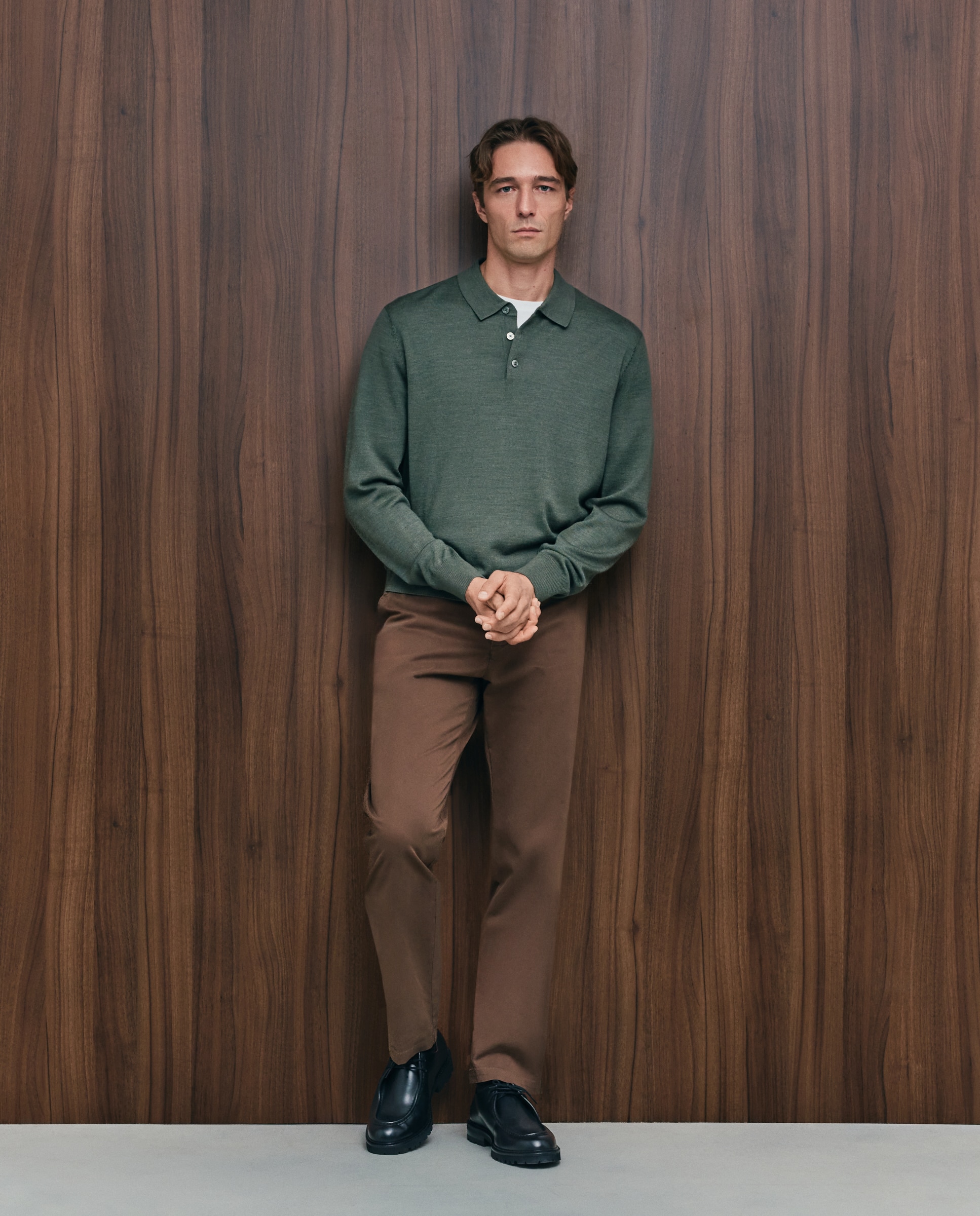 Jersey de hombre con cuello polo botones liso en lana merino - Emidio Tucci - Kaki Kaki-2