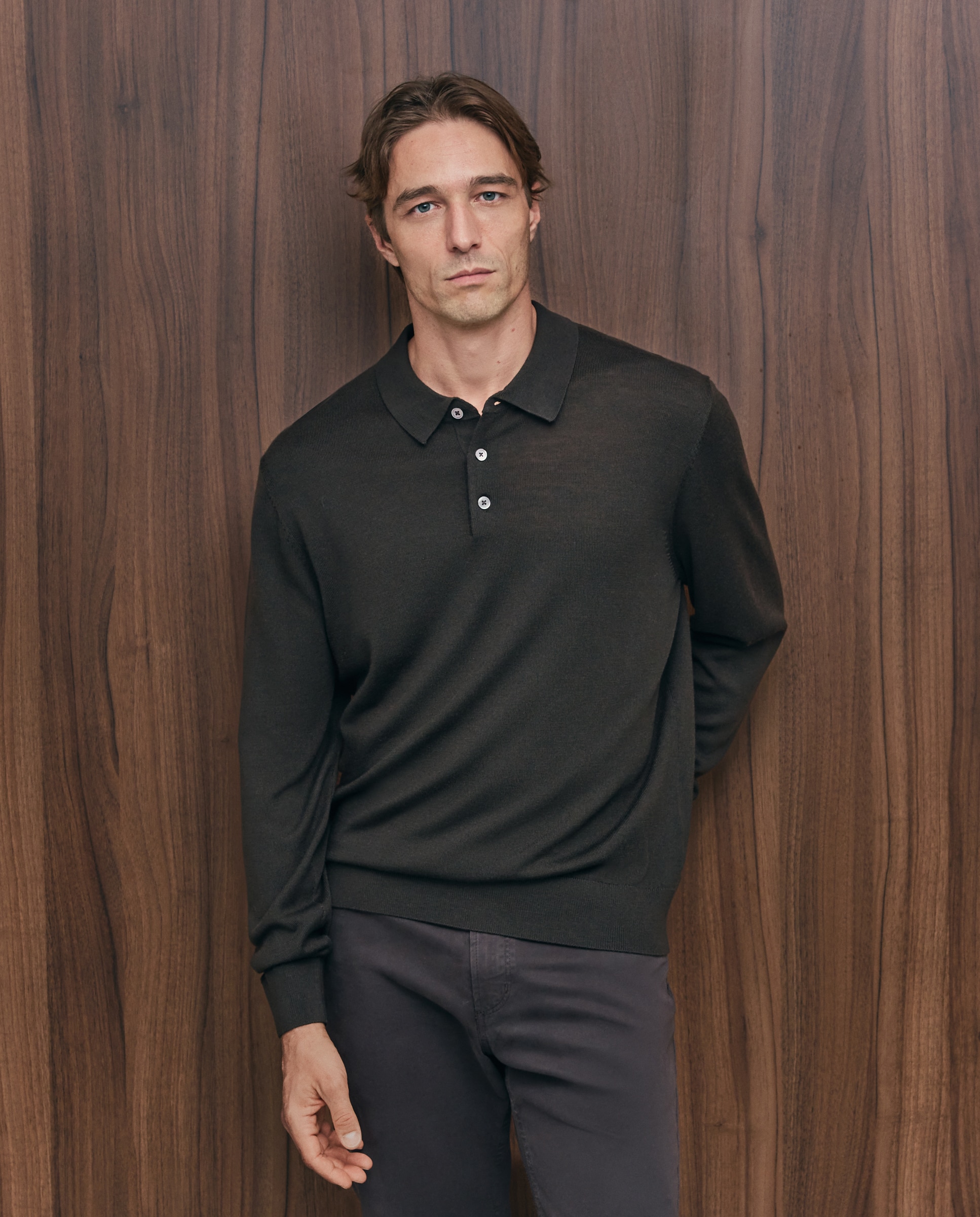 Jersey de hombre con cuello polo botones liso en lana merino - Emidio Tucci - Marrón Marrón-1