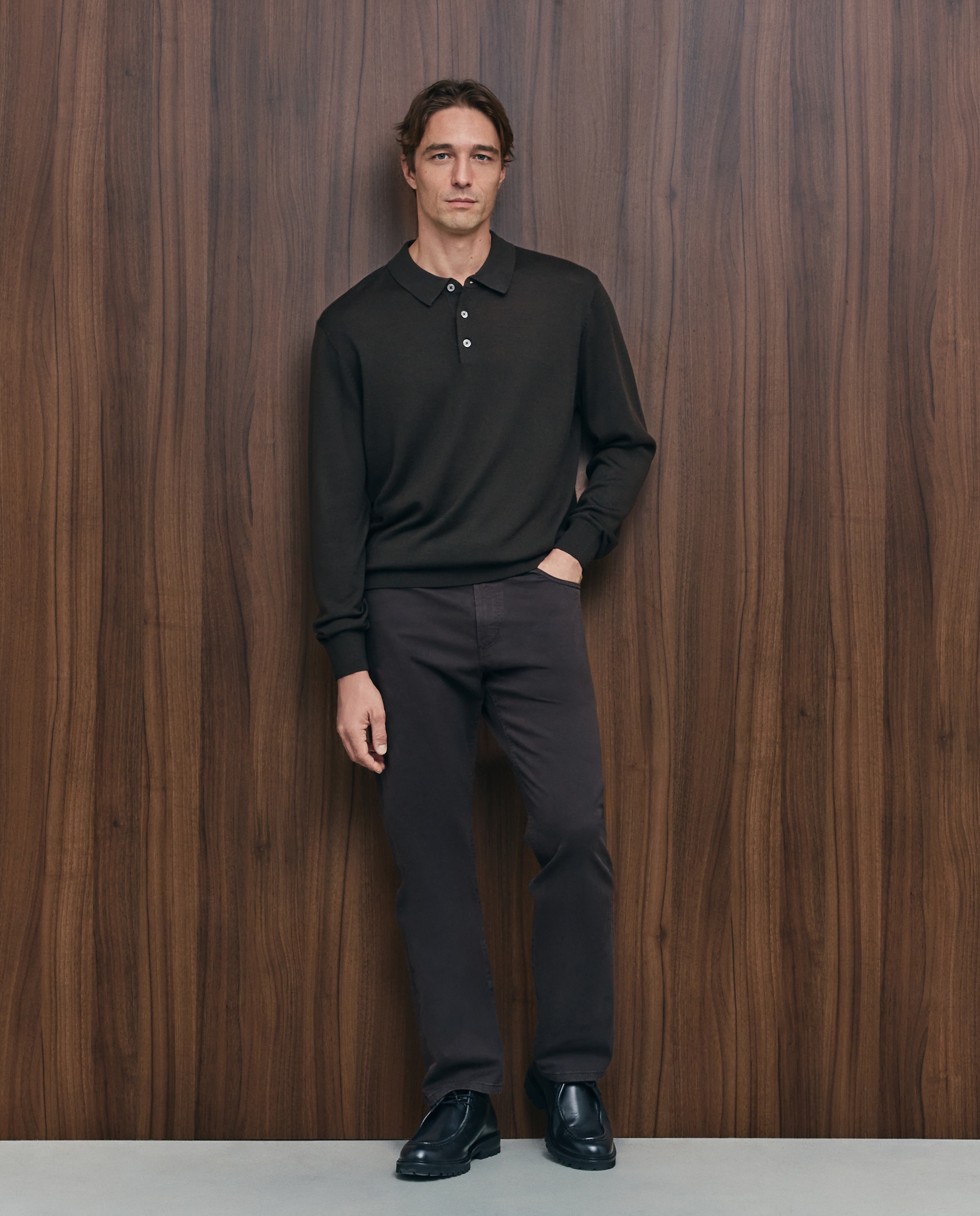 Jersey de hombre con cuello polo botones liso en lana merino - Emidio Tucci - Marrón Marrón-2