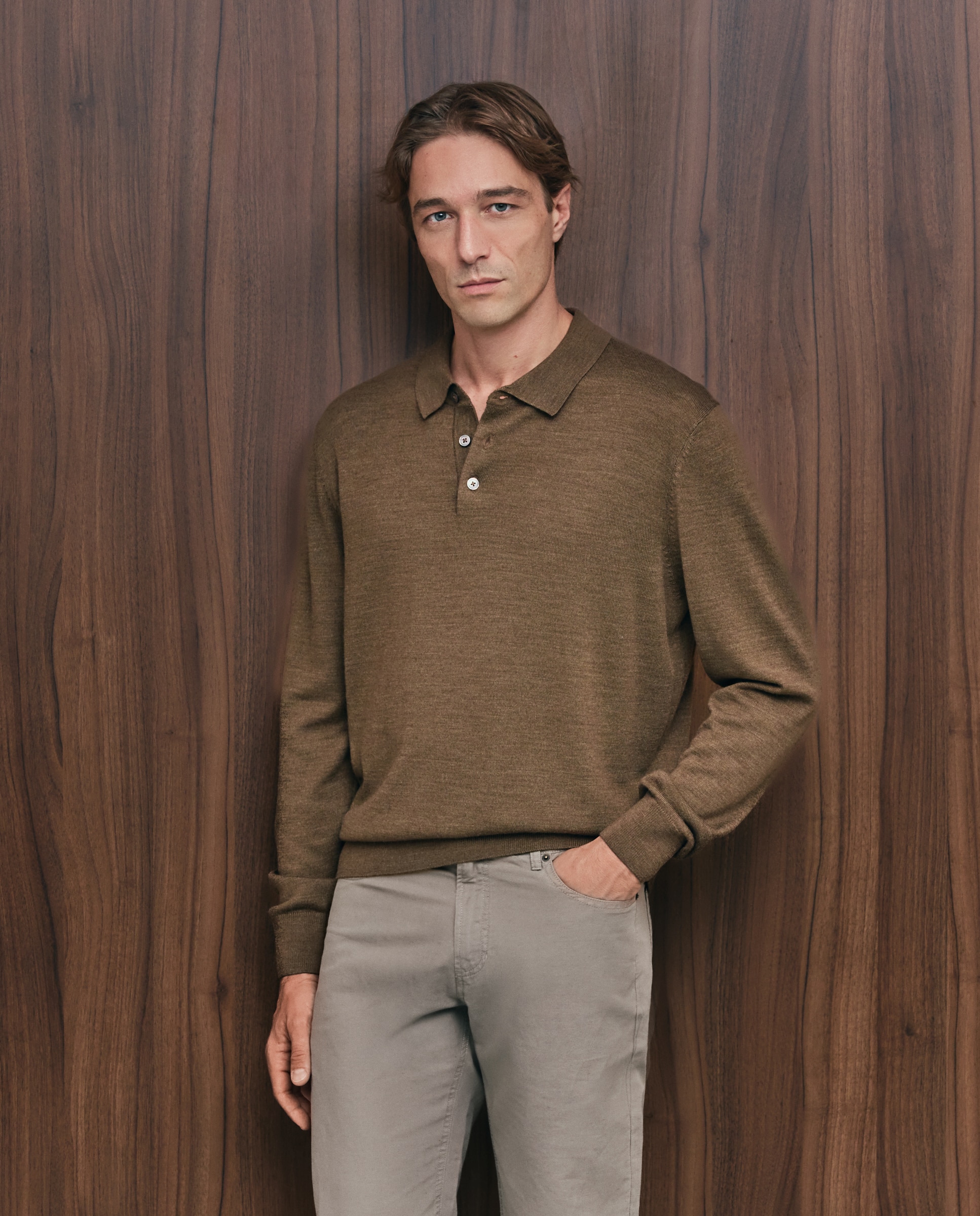 Jersey de hombre con cuello polo botones liso en lana merino - Emidio Tucci - Caramelo Caramelo-1