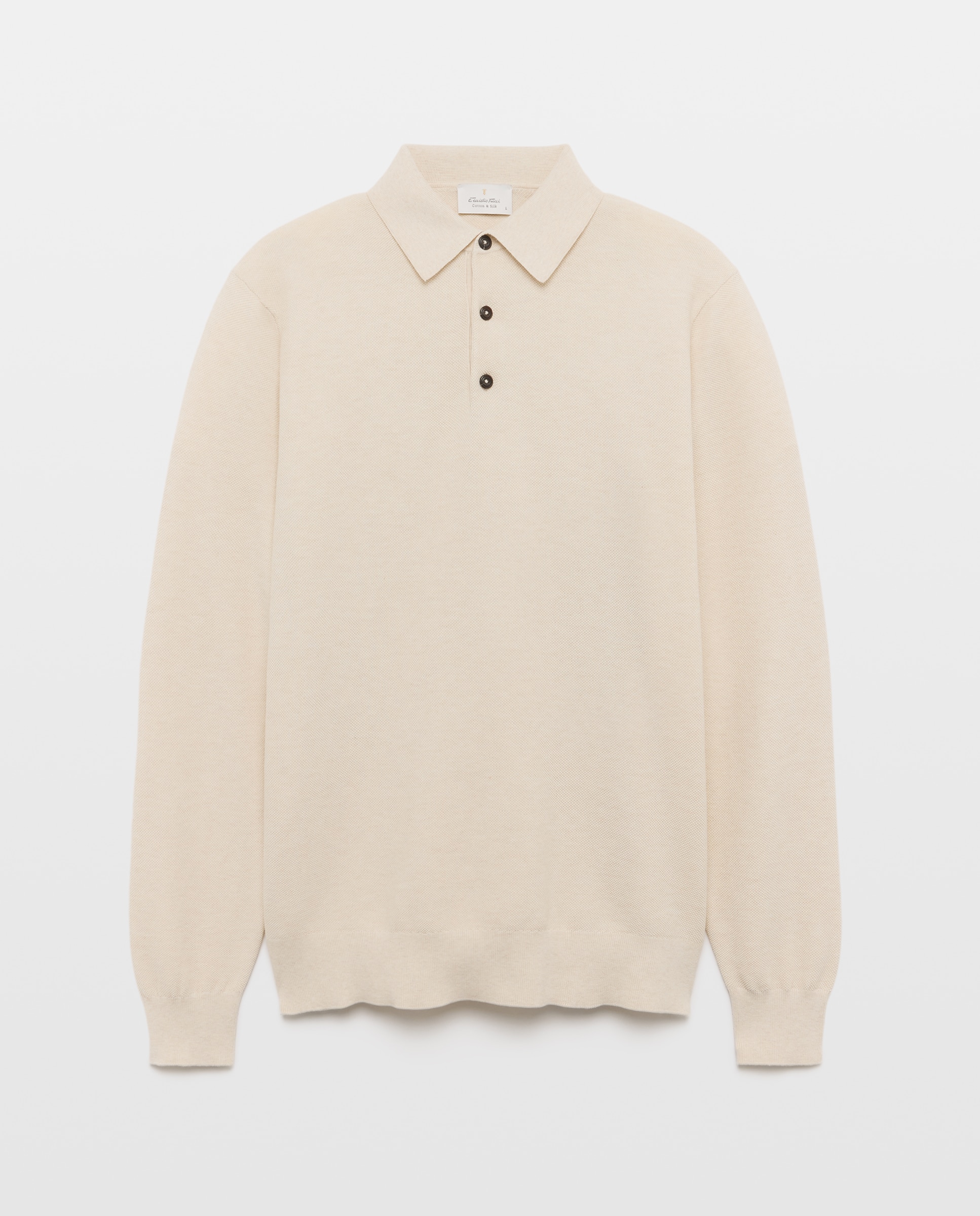 Polo de Algodão e Seda com Manga Comprida e Colarinho de Polo Cru-4
