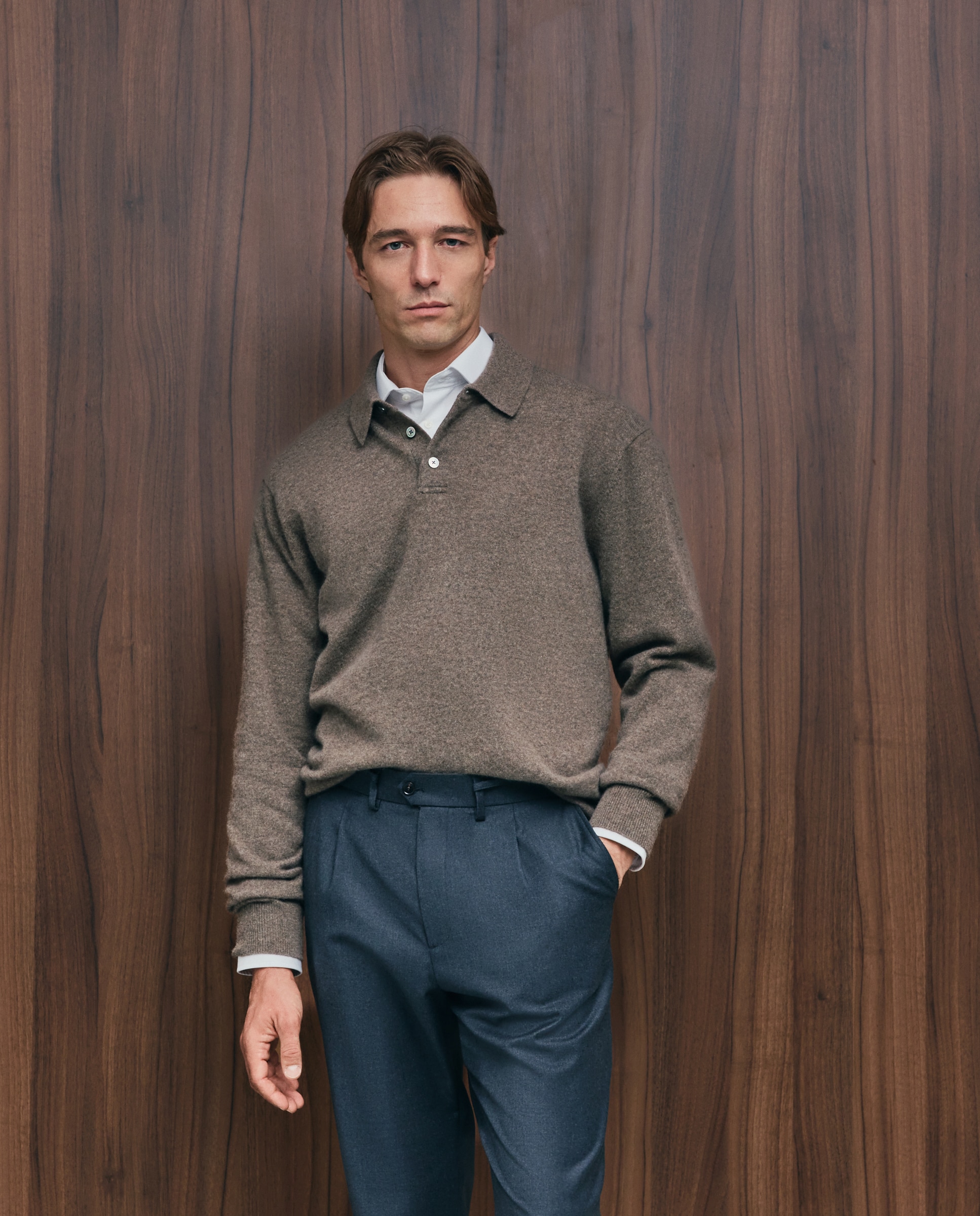 Jersey de hombre cuello polo liso cashmere - Emidio Tucci - Marrón claro Marrón claro-1
