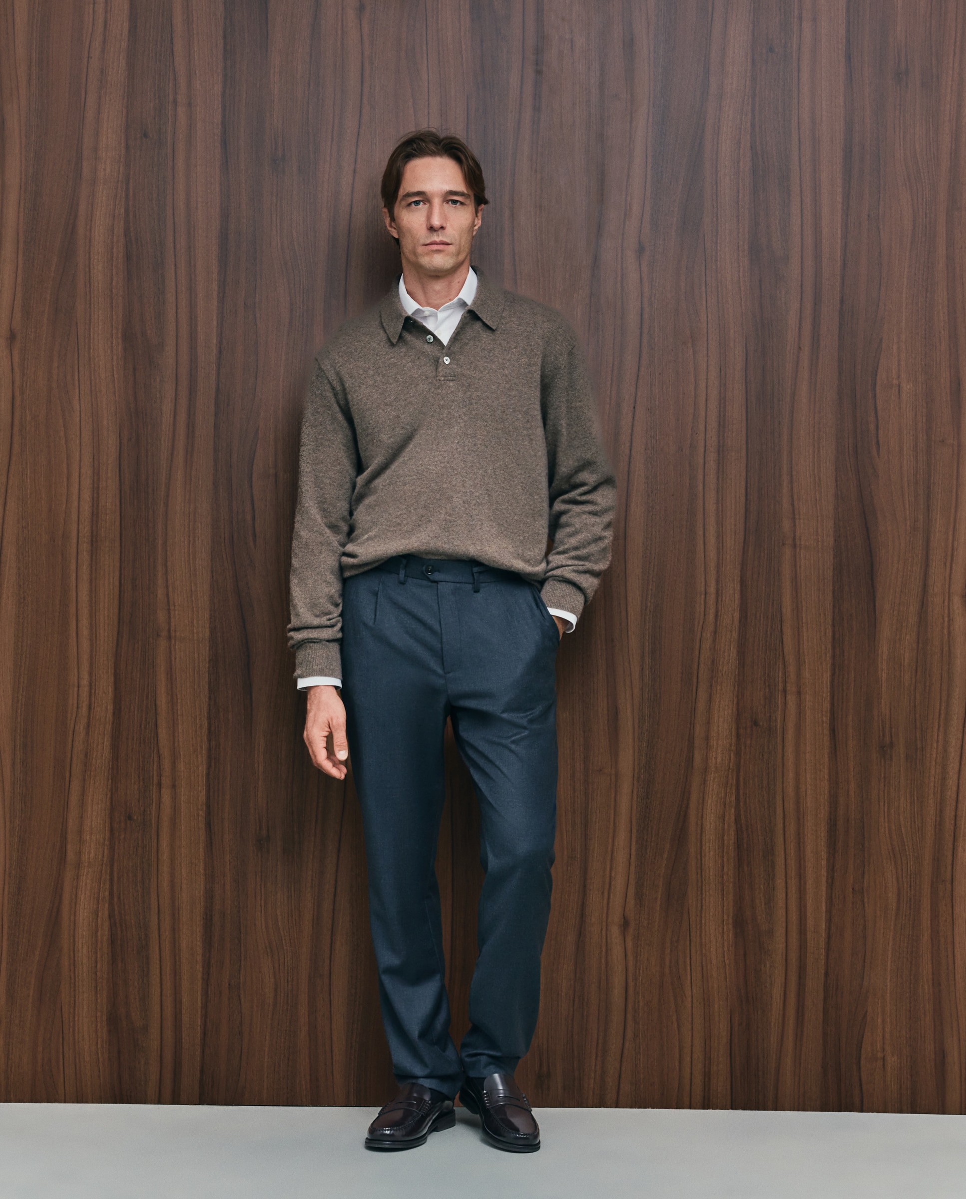 Jersey de hombre cuello polo liso cashmere - Emidio Tucci - Marrón claro Marrón claro-2