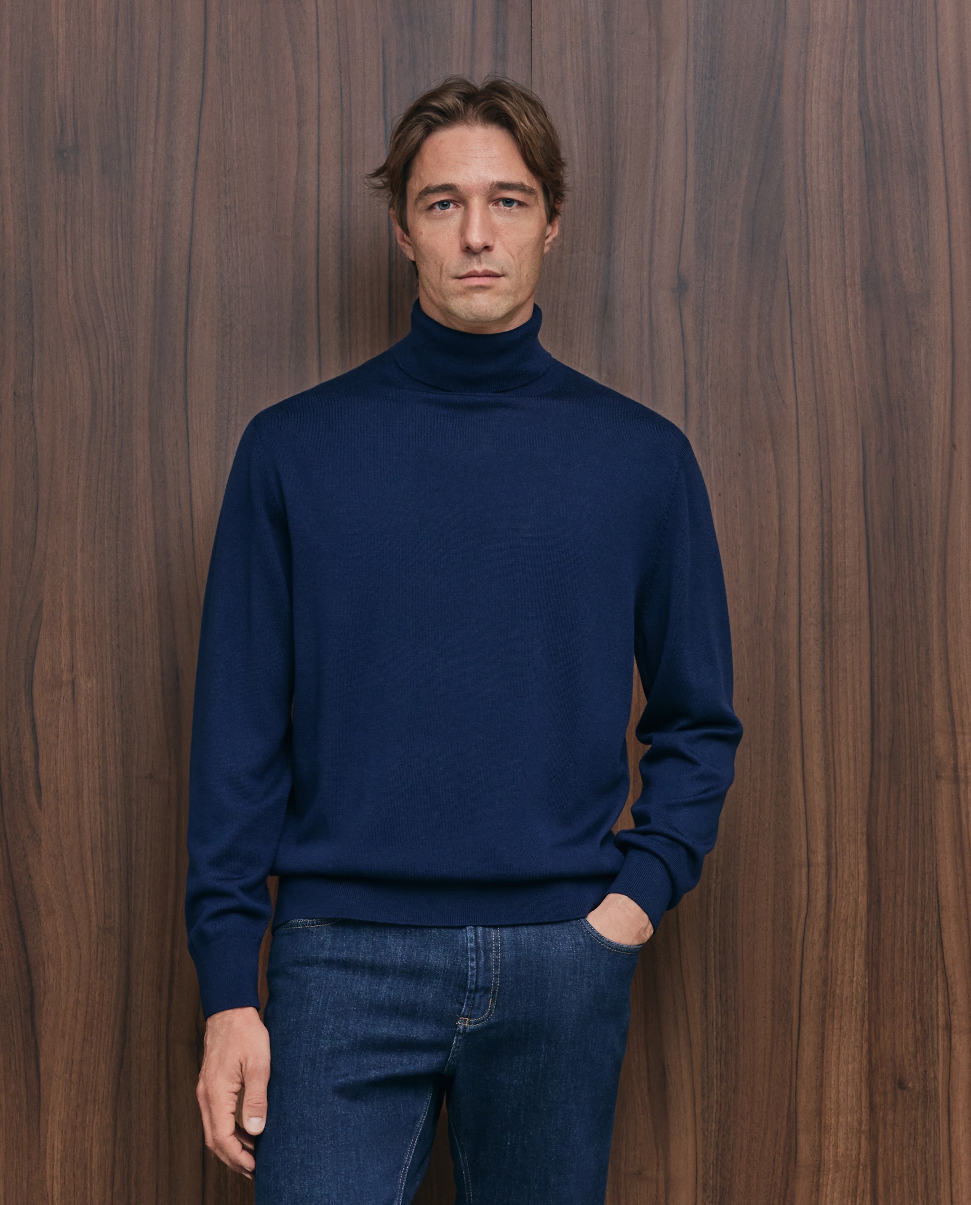 Jersey cuello cisne lavable 100% lana merino de hombre - Emidio Tucci - Azul marino Azul marino-1