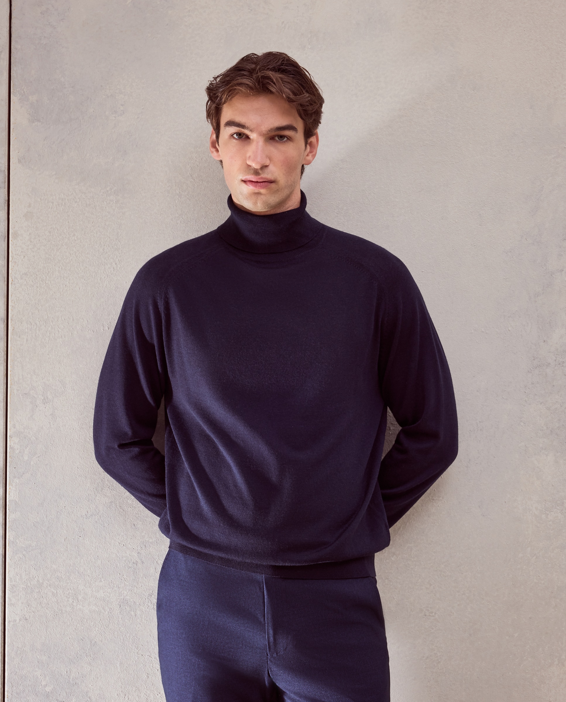 Jersey cuello vuelto liso 100% merino extrafine de hombre - Dustin - Azul marino Azul marino-1
