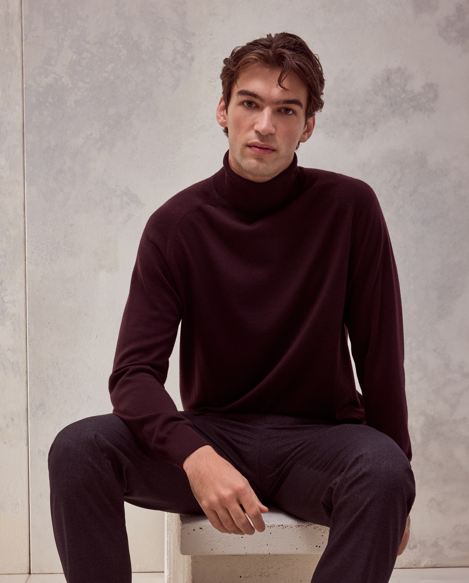 Jersey cuello vuelto liso 100% merino extrafine de hombre - Dustin - Burdeos Burdeos-1