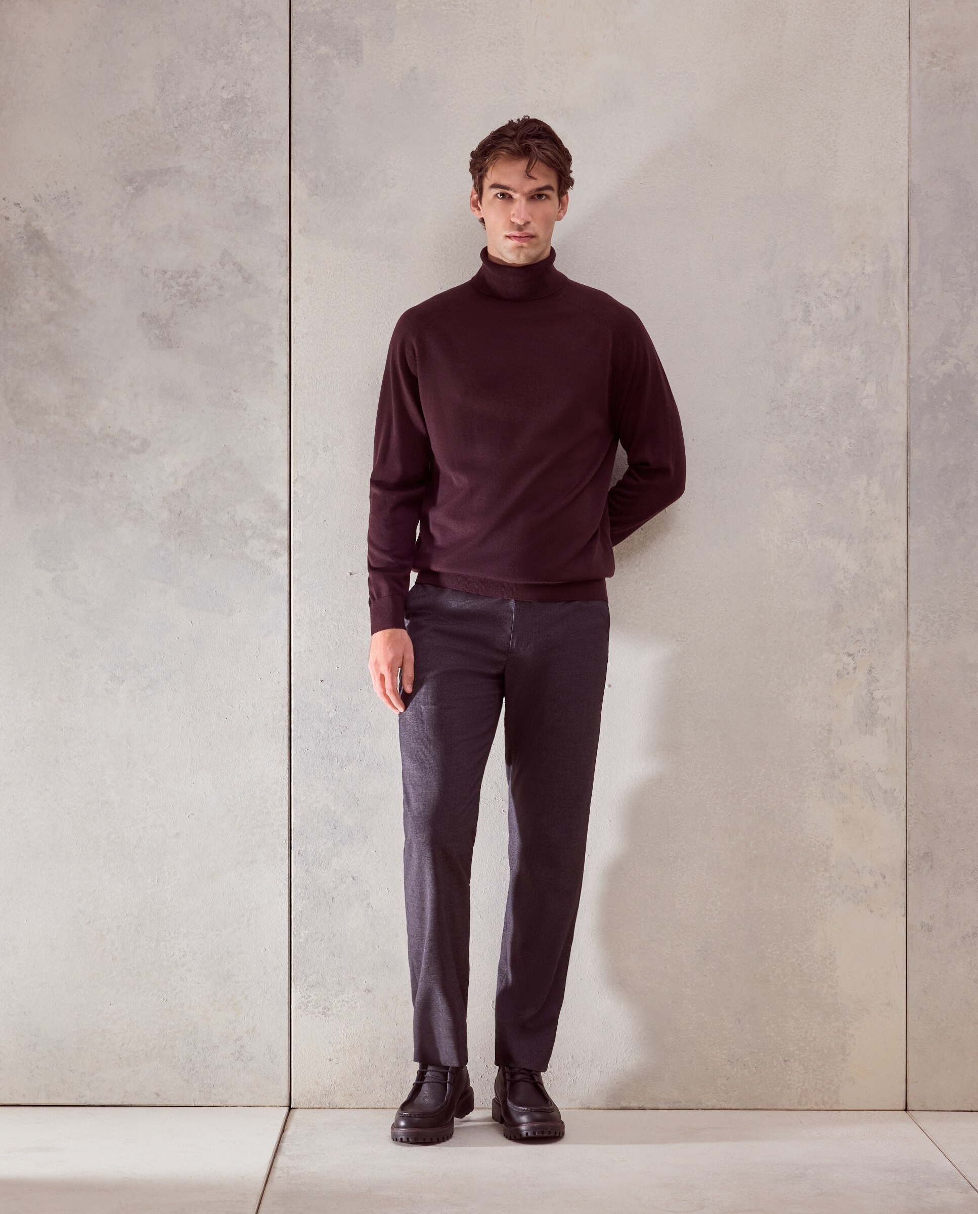 Jersey cuello vuelto liso 100% merino extrafine de hombre - Dustin - Burdeos Burdeos-2