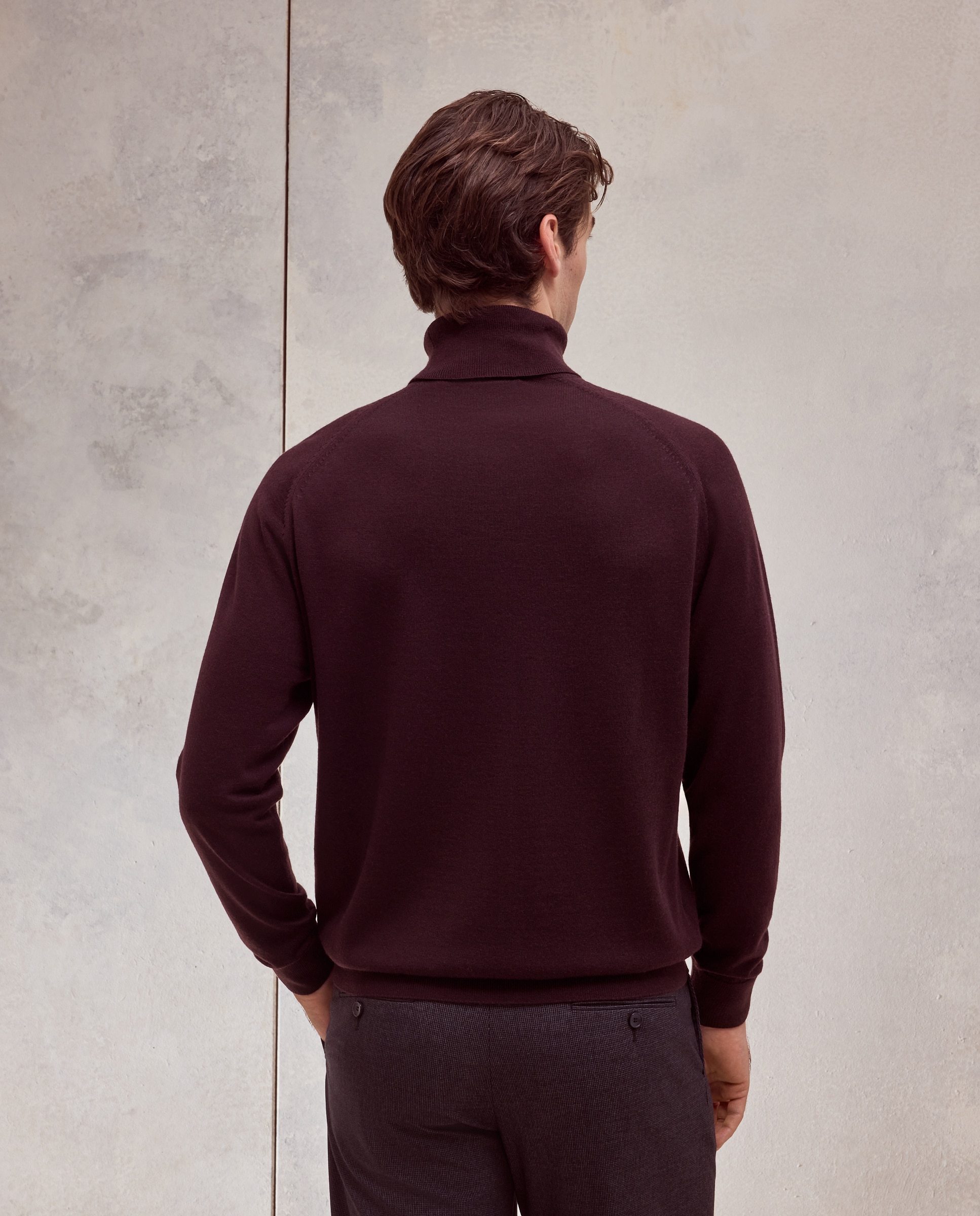 Jersey cuello vuelto liso 100% merino extrafine de hombre - Dustin - Burdeos Burdeos-3