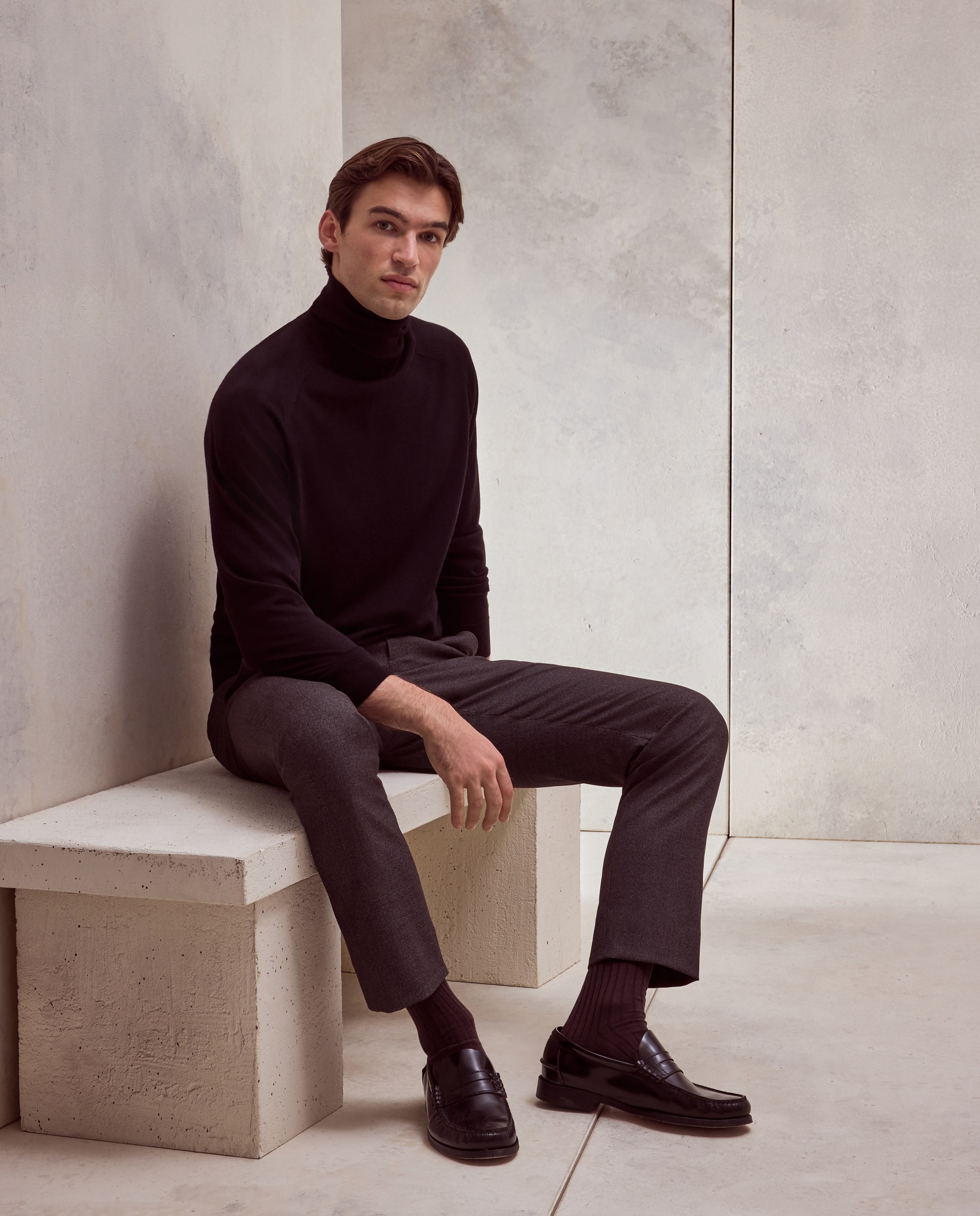 Jersey cuello vuelto liso 100% merino extrafine de hombre - Dustin - Negro Negro-1