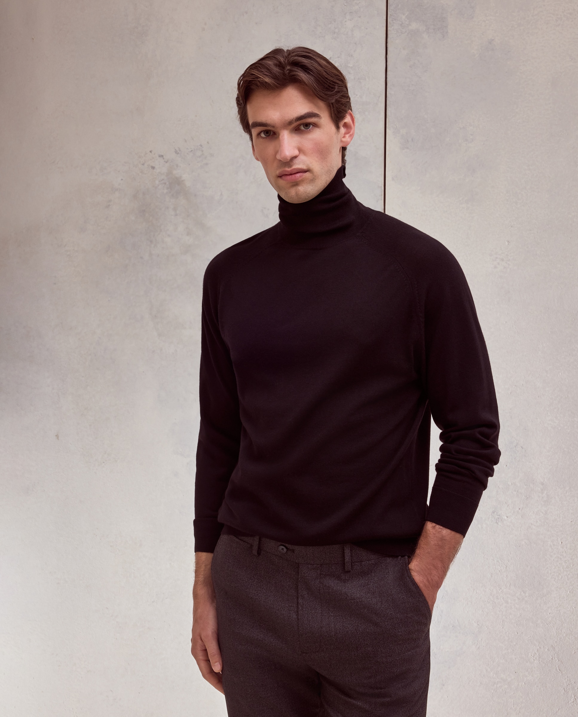 Jersey cuello vuelto liso 100% merino extrafine de hombre - Dustin - Negro Negro-2