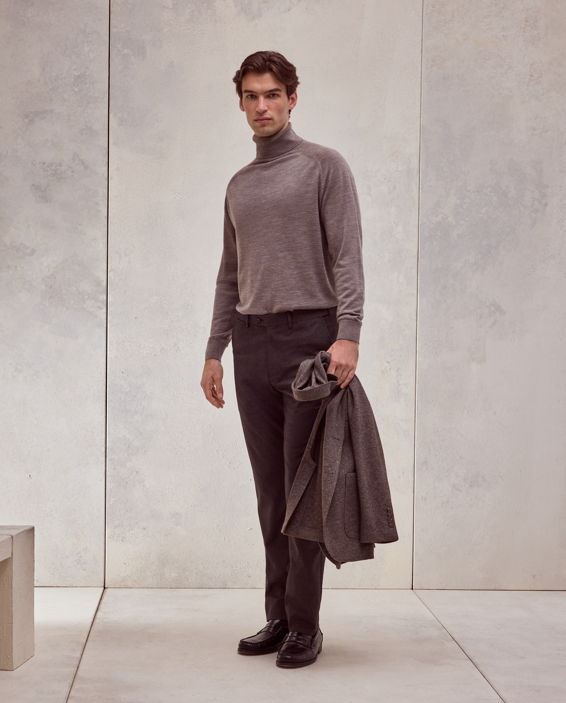 Jersey cuello vuelto liso 100% merino extrafine de hombre - Dustin - Marrón claro Marrón claro-2