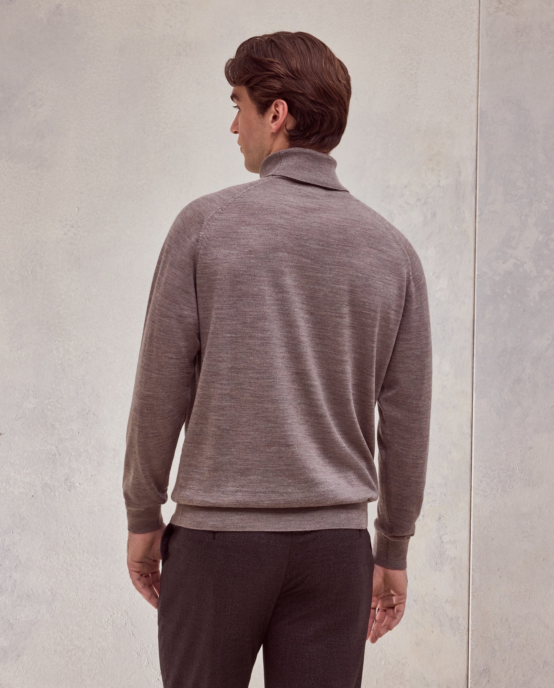 Jersey cuello vuelto liso 100% merino extrafine de hombre - Dustin - Marrón claro Marrón claro-3