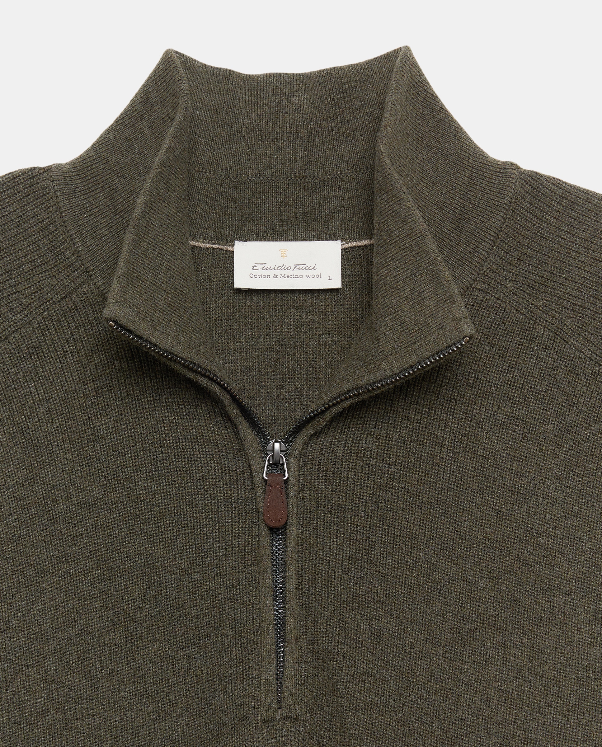 Jersey cuello semicisne media cremallera algodón/lana merino de hombre - Emidio Tucci - Kaki Kaki-5