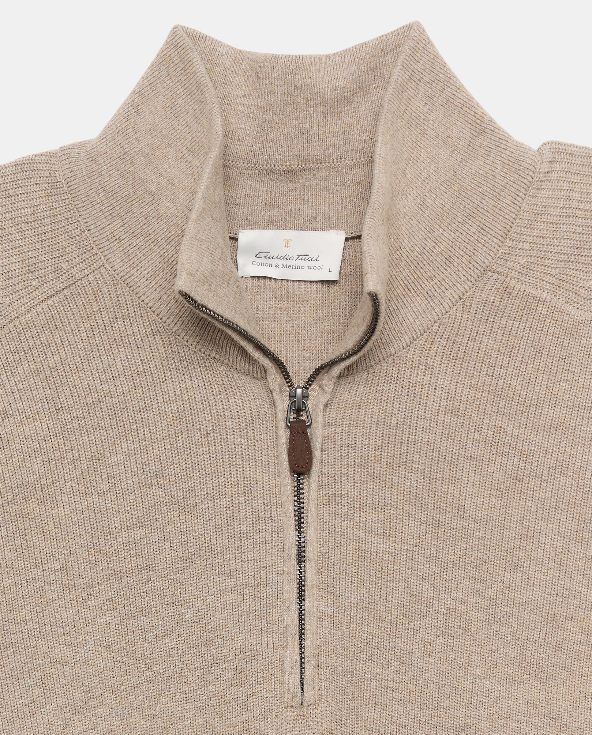 Jersey cuello semicisne media cremallera algodón/lana merino de hombre - Emidio Tucci - Marrón claro Marrón claro-5