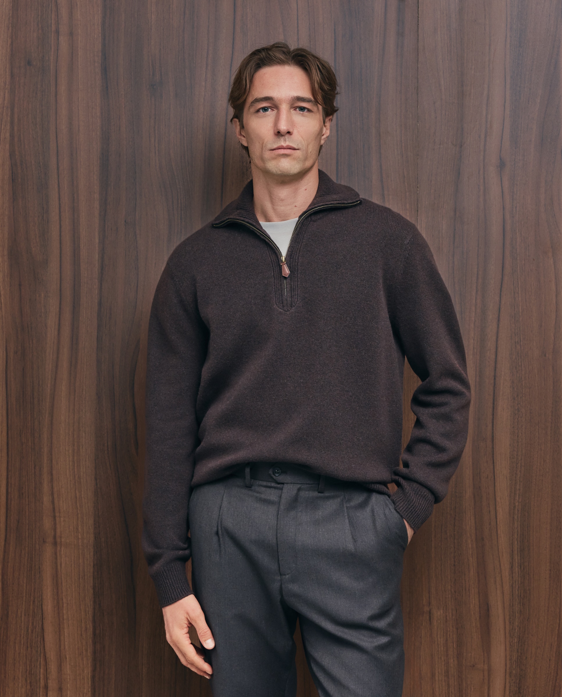 Jersey cuello semicisne cremallera lana/cashmere de hombre - Emidio Tucci - Marrón Marrón-1