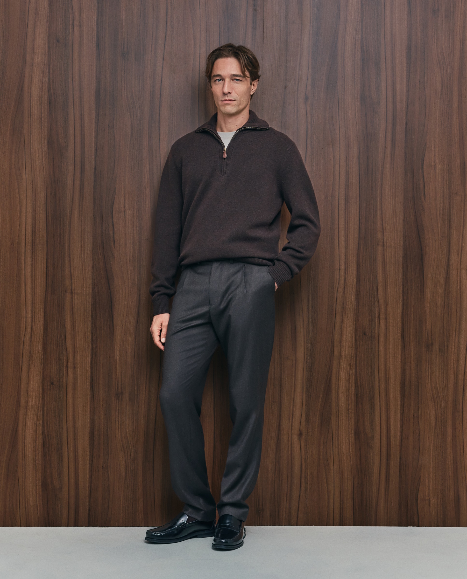 Jersey cuello semicisne cremallera lana/cashmere de hombre - Emidio Tucci - Marrón Marrón-2
