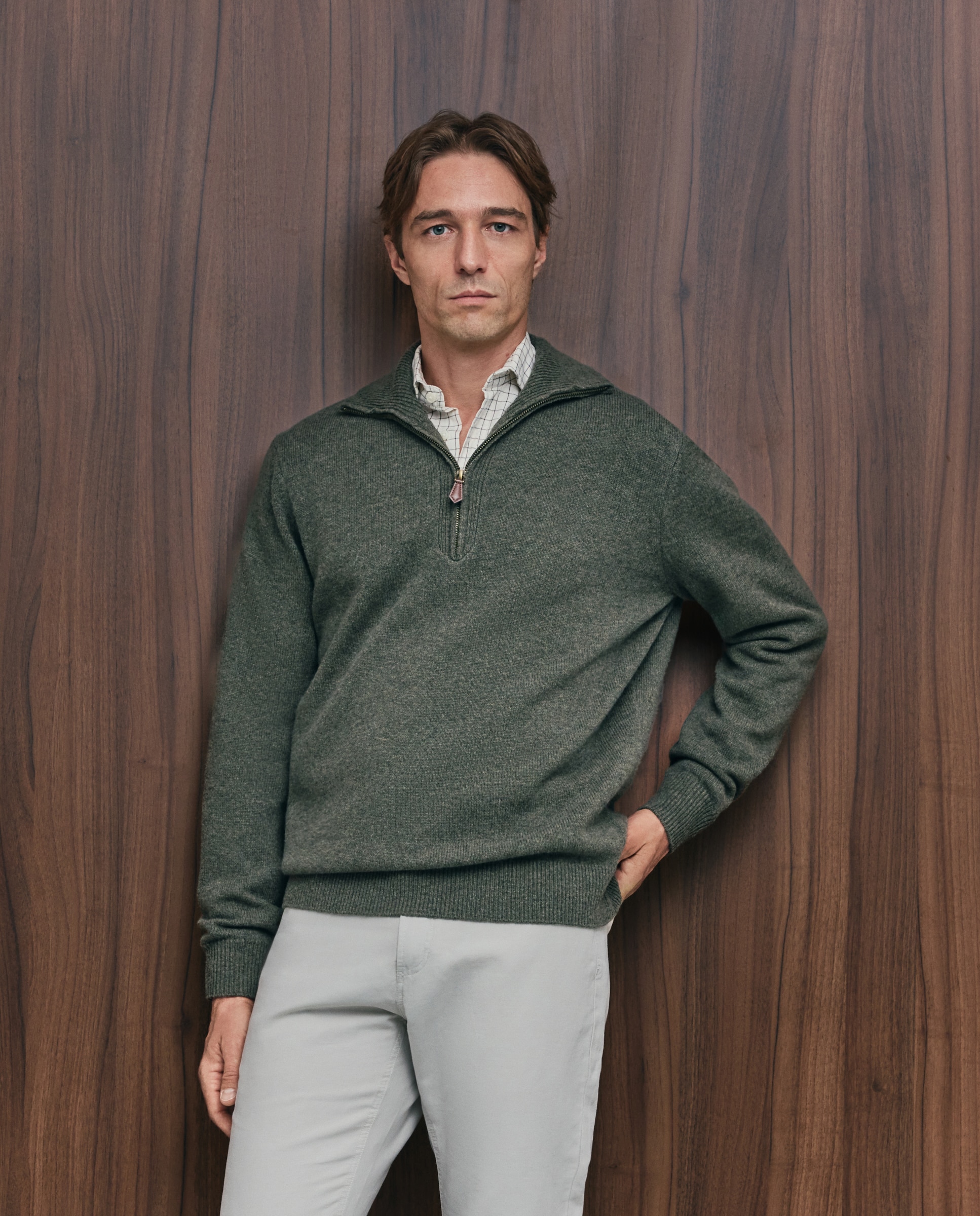 Jersey cuello semicisne cremallera lana/cashmere de hombre - Emidio Tucci - Kaki Kaki-1