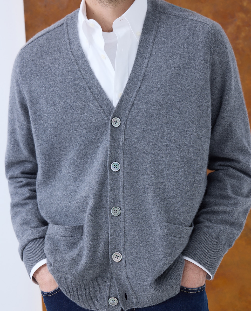 Cardigan Liso de Caxemira com Botões 820 Cinzento Médio-3