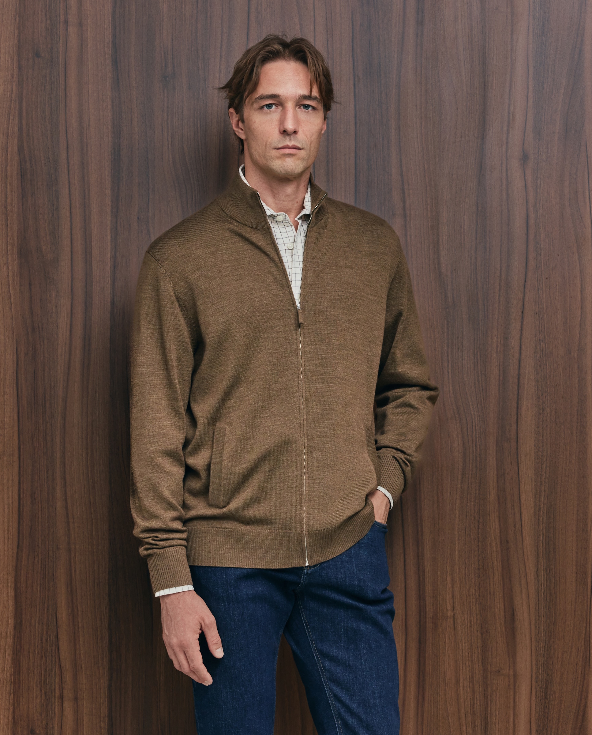 Cardigan cuello semicisne cremallera lavable 100% lana merino de hombre - Emidio Tucci - Marrón Marrón-1