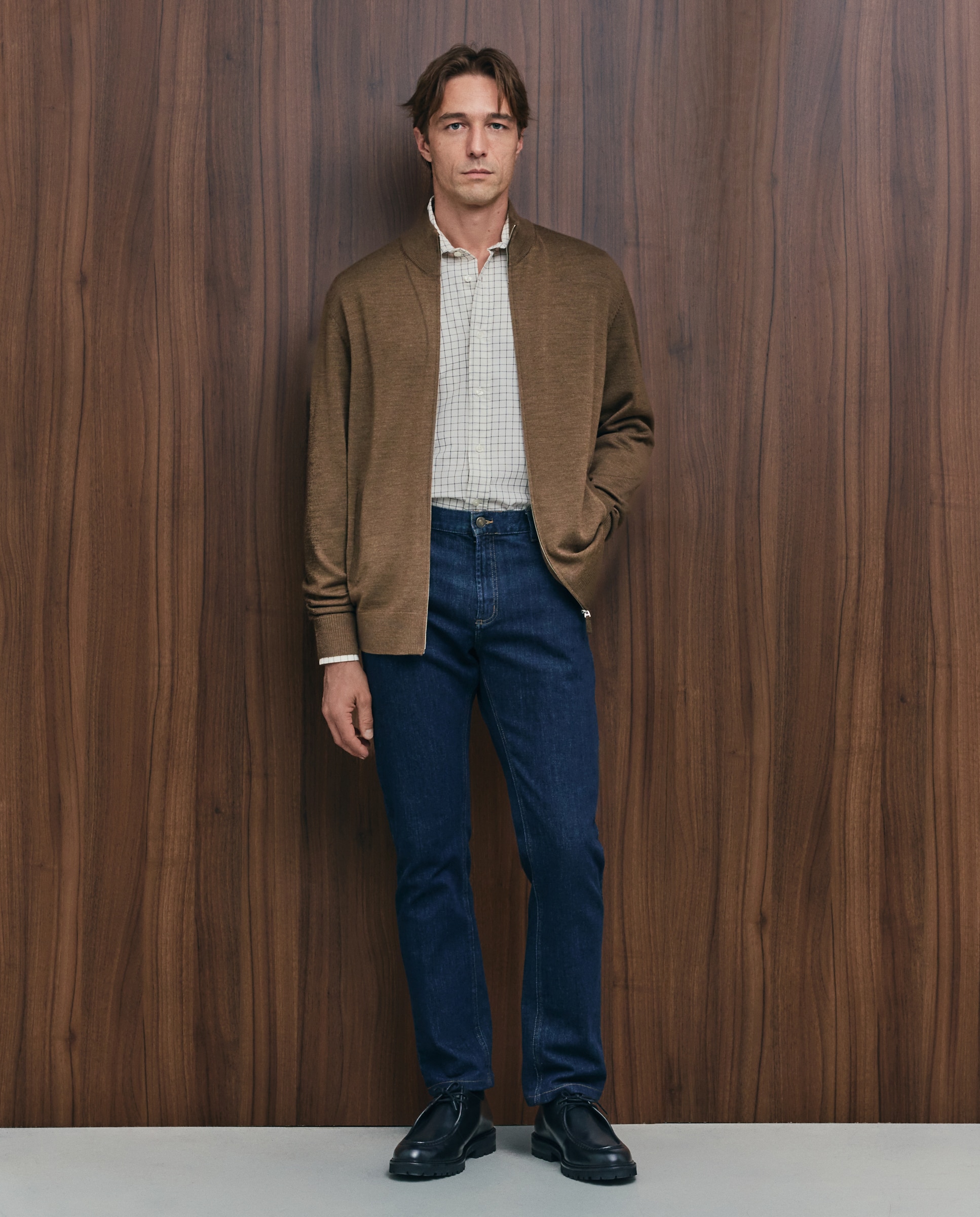 Cardigan cuello semicisne cremallera lavable 100% lana merino de hombre - Emidio Tucci - Marrón Marrón-2
