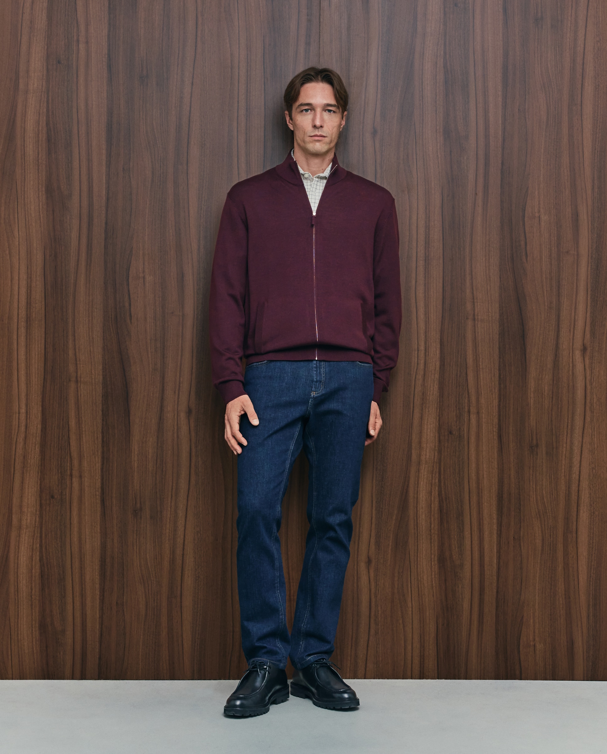 Cardigan cuello semicisne cremallera lavable 100% lana merino de hombre - Emidio Tucci - Granate Granate-1