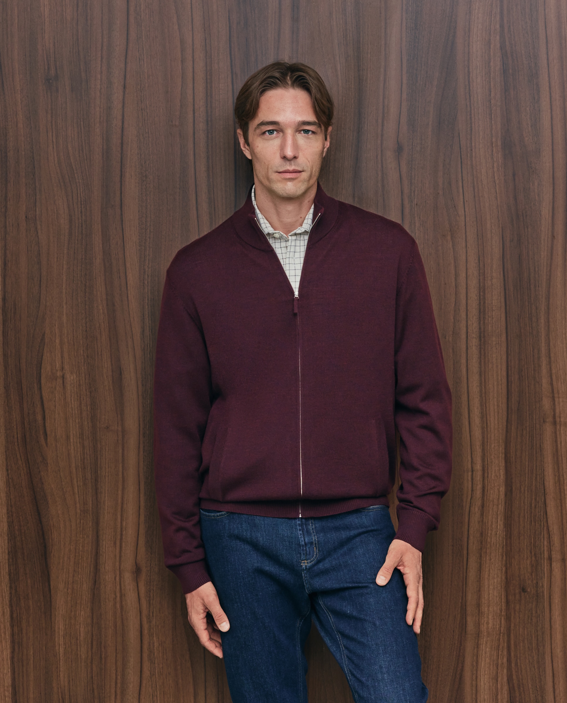 Cardigan cuello semicisne cremallera lavable 100% lana merino de hombre - Emidio Tucci - Granate Granate-2