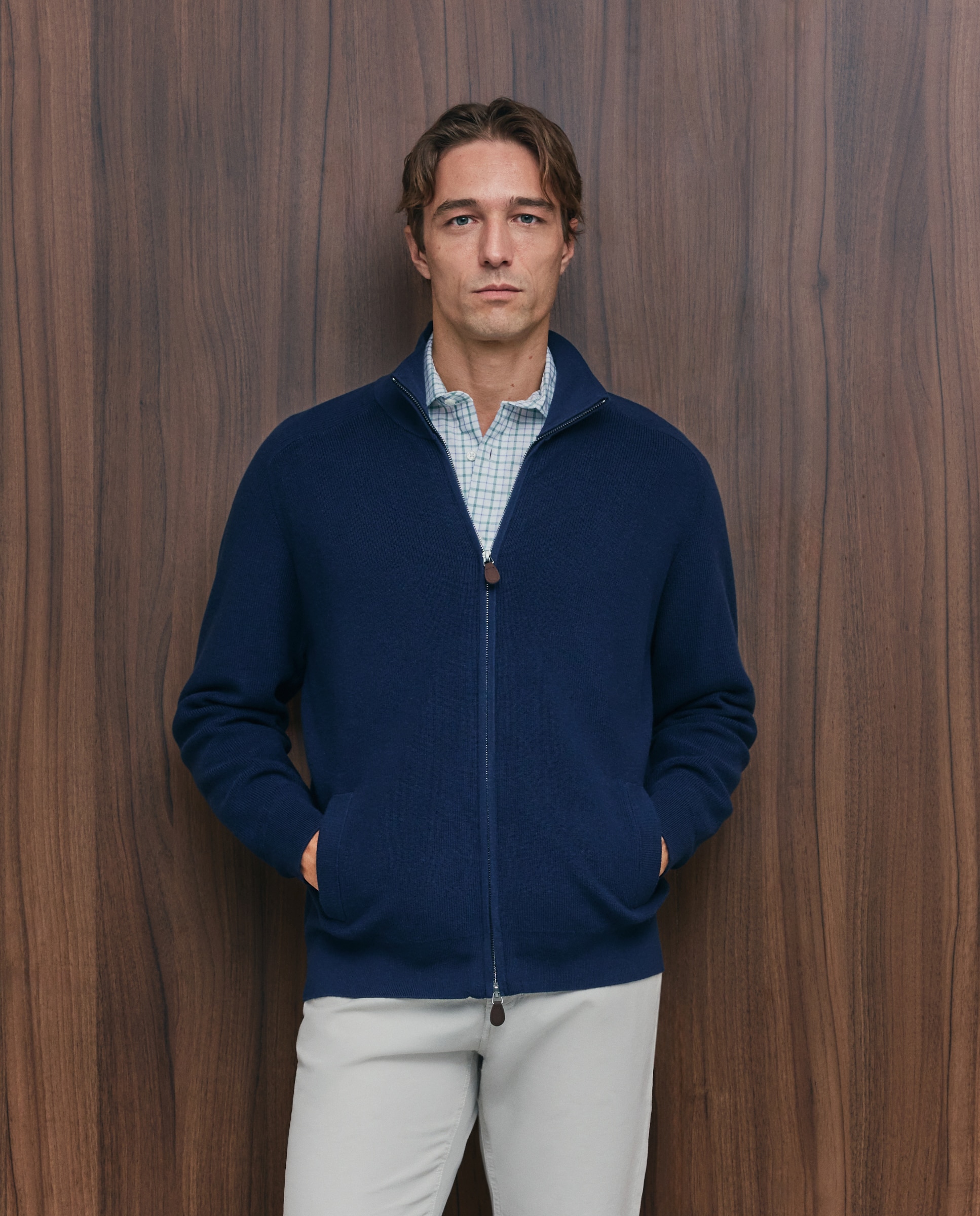 Cardigan de hombre de c/semicisne cremallera liso algodón merino - Emidio Tucci - Azul marino Azul marino-1