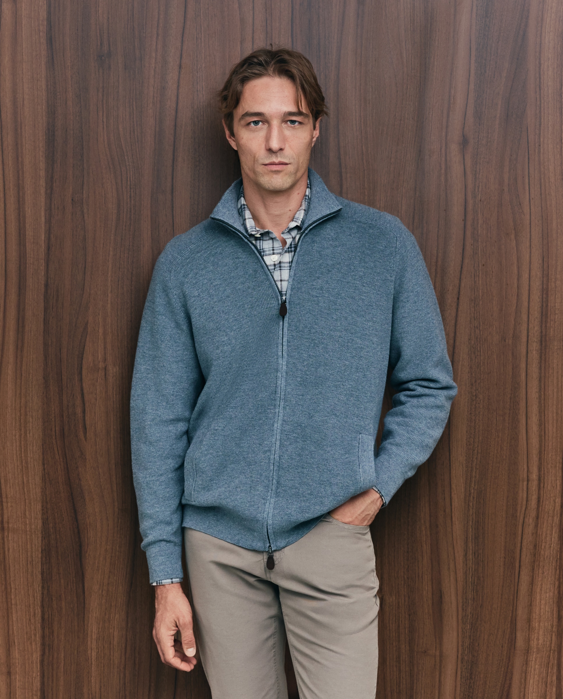 Cardigan de hombre de c/semicisne cremallera liso algodón merino - Emidio Tucci - Azul Azul-2