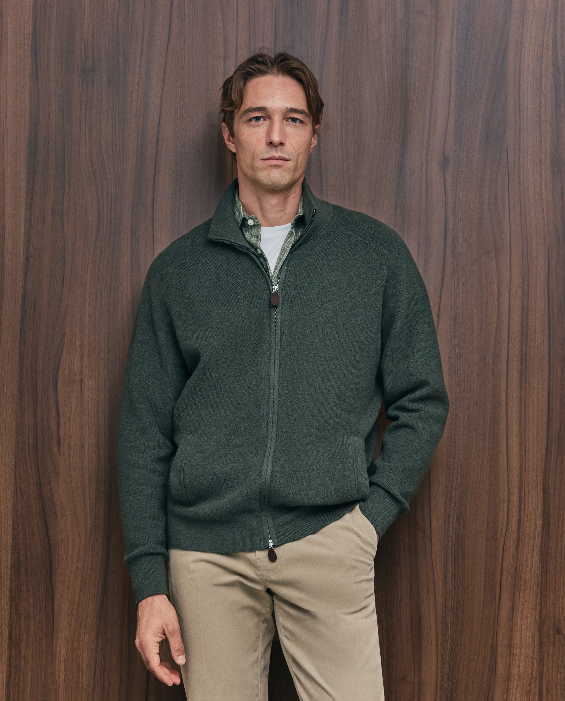 Cardigan de hombre de c/semicisne cremallera liso algodón merino - Emidio Tucci - Kaki Kaki-1