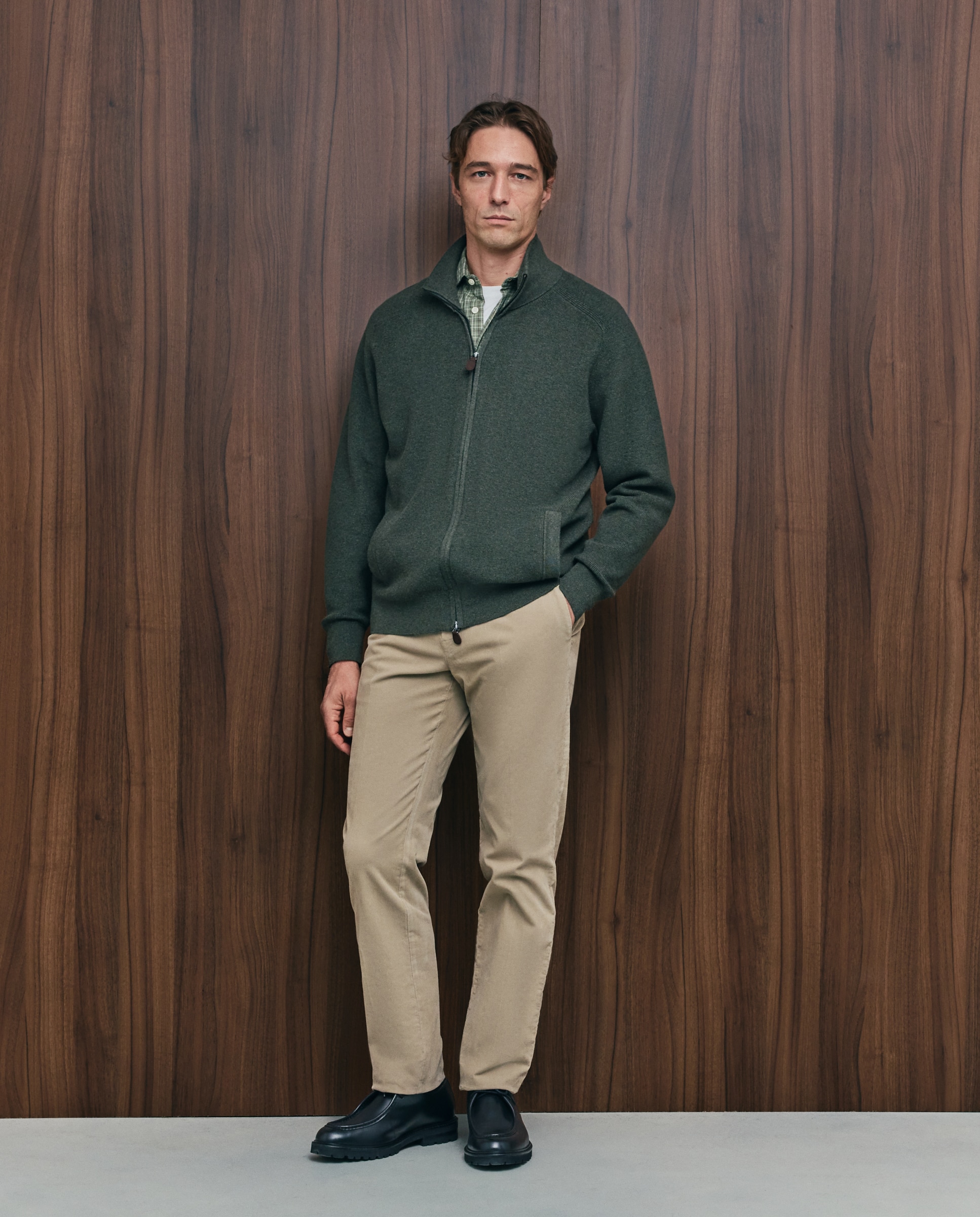 Cardigan de hombre de c/semicisne cremallera liso algodón merino - Emidio Tucci - Kaki Kaki-2