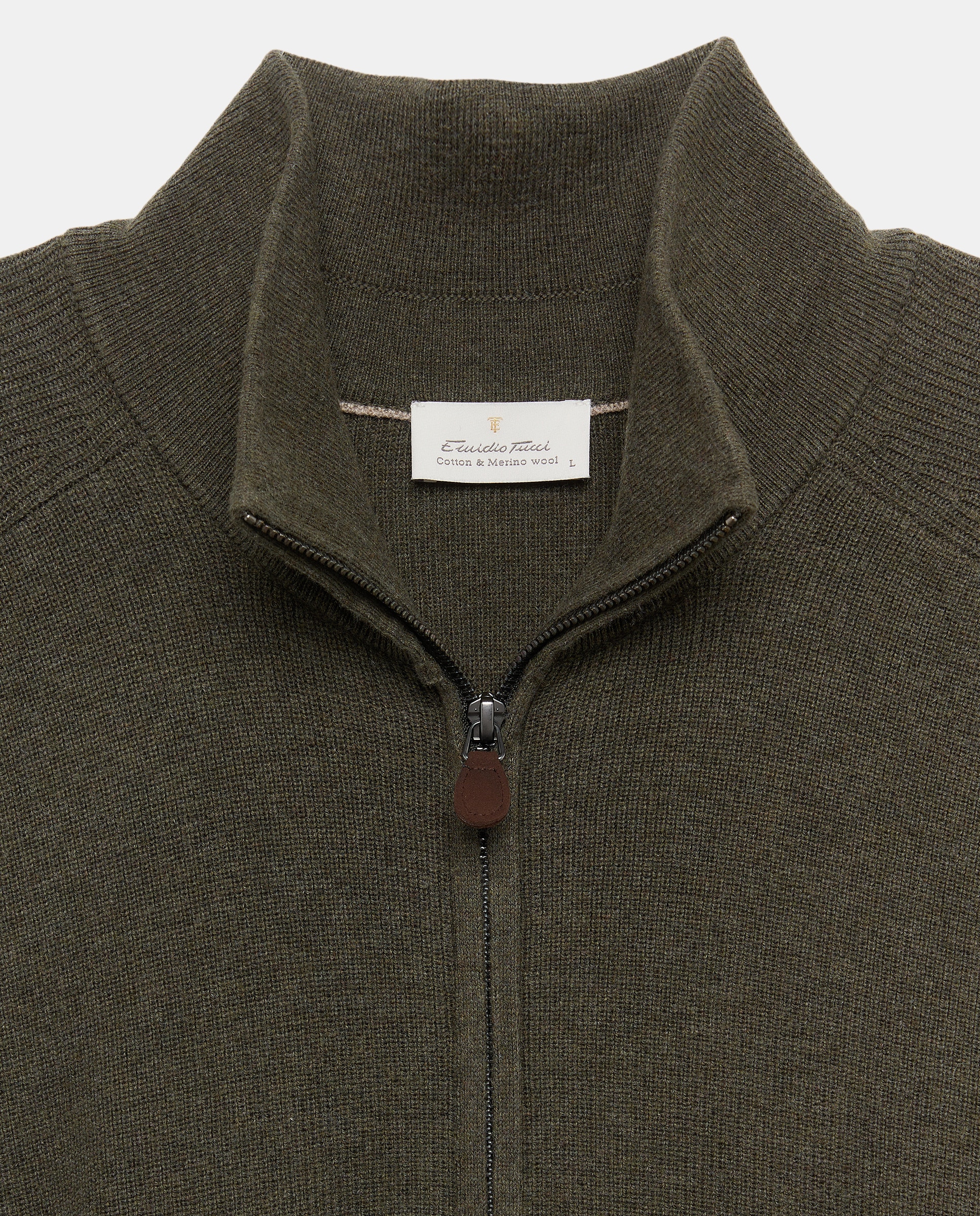Cardigan de hombre de c/semicisne cremallera liso algodón merino - Emidio Tucci - Kaki Kaki-5