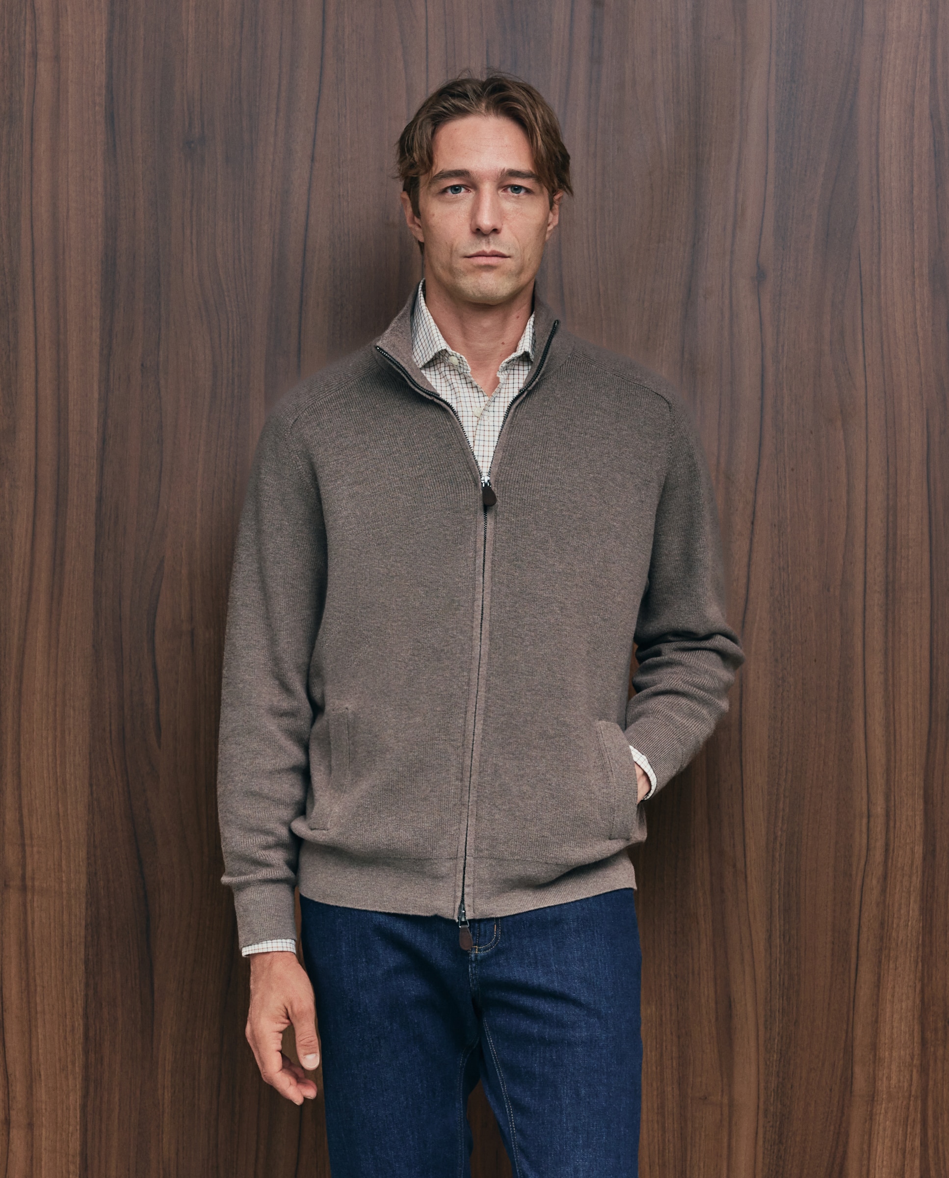 Cardigan de hombre de c/semicisne cremallera liso algodón merino - Emidio Tucci - Beige Beige-1