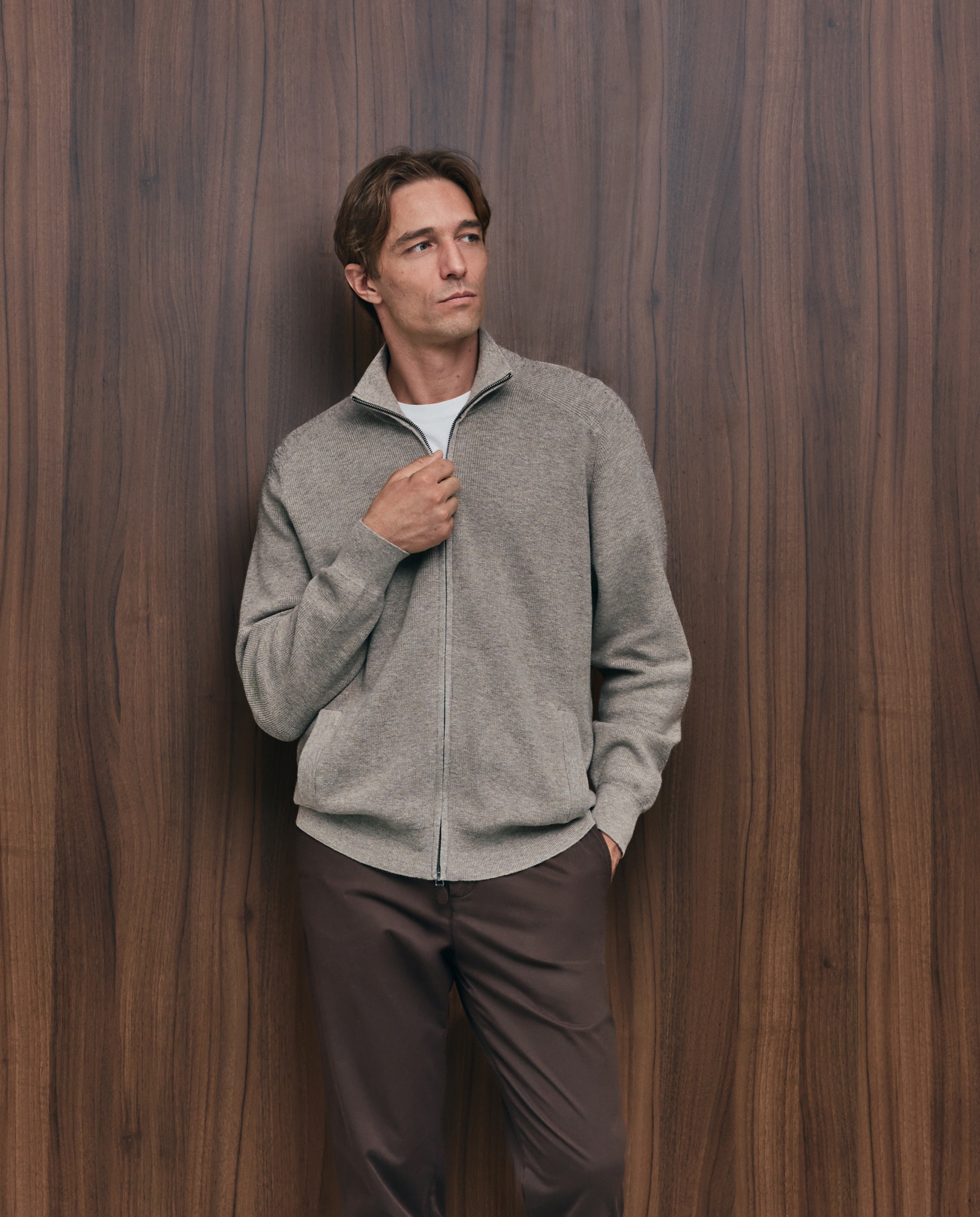 Cardigan de hombre de c/semicisne cremallera liso algodón merino - Emidio Tucci - Marrón claro Marrón claro-1