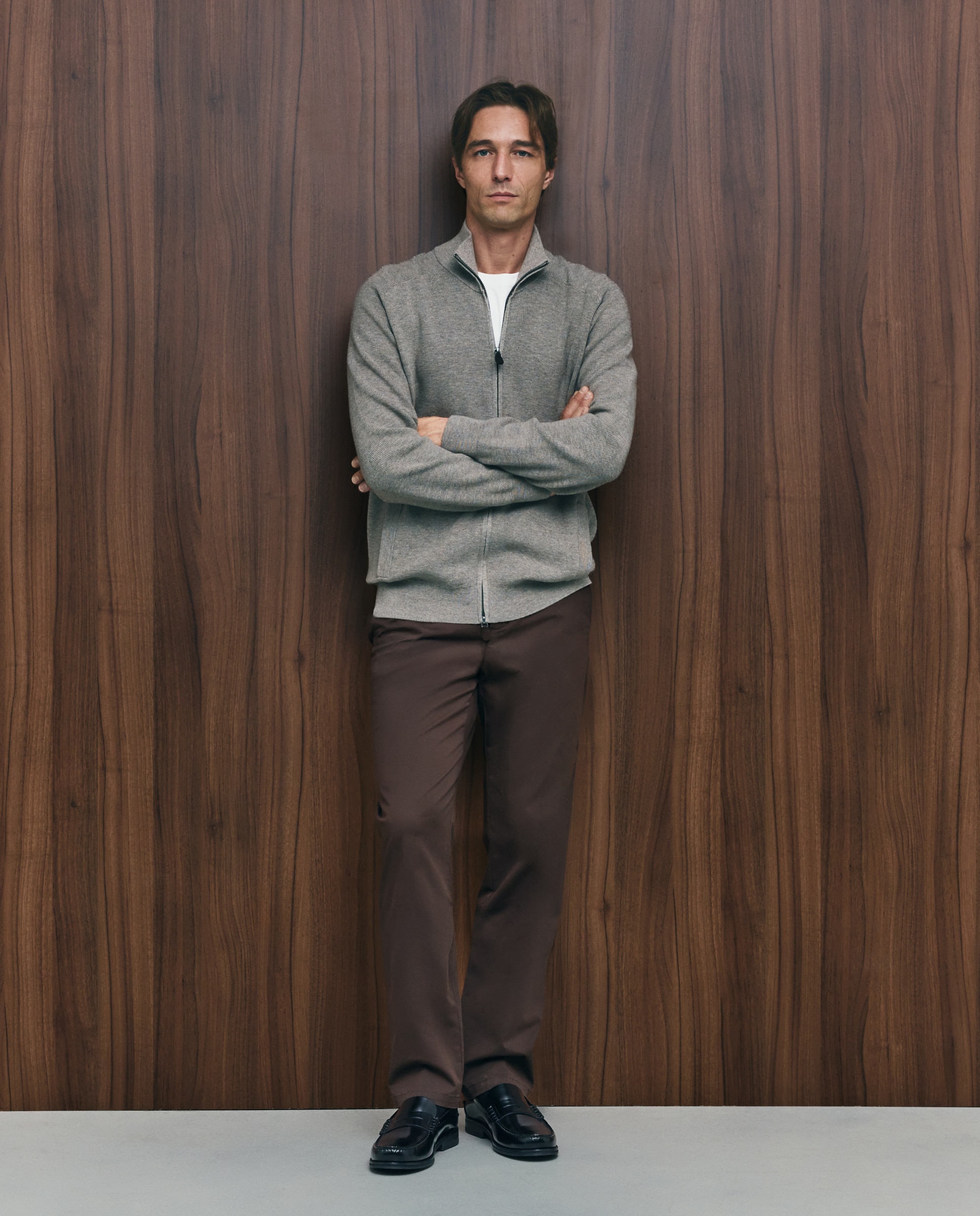 Cardigan de hombre de c/semicisne cremallera liso algodón merino - Emidio Tucci - Marrón claro Marrón claro-2