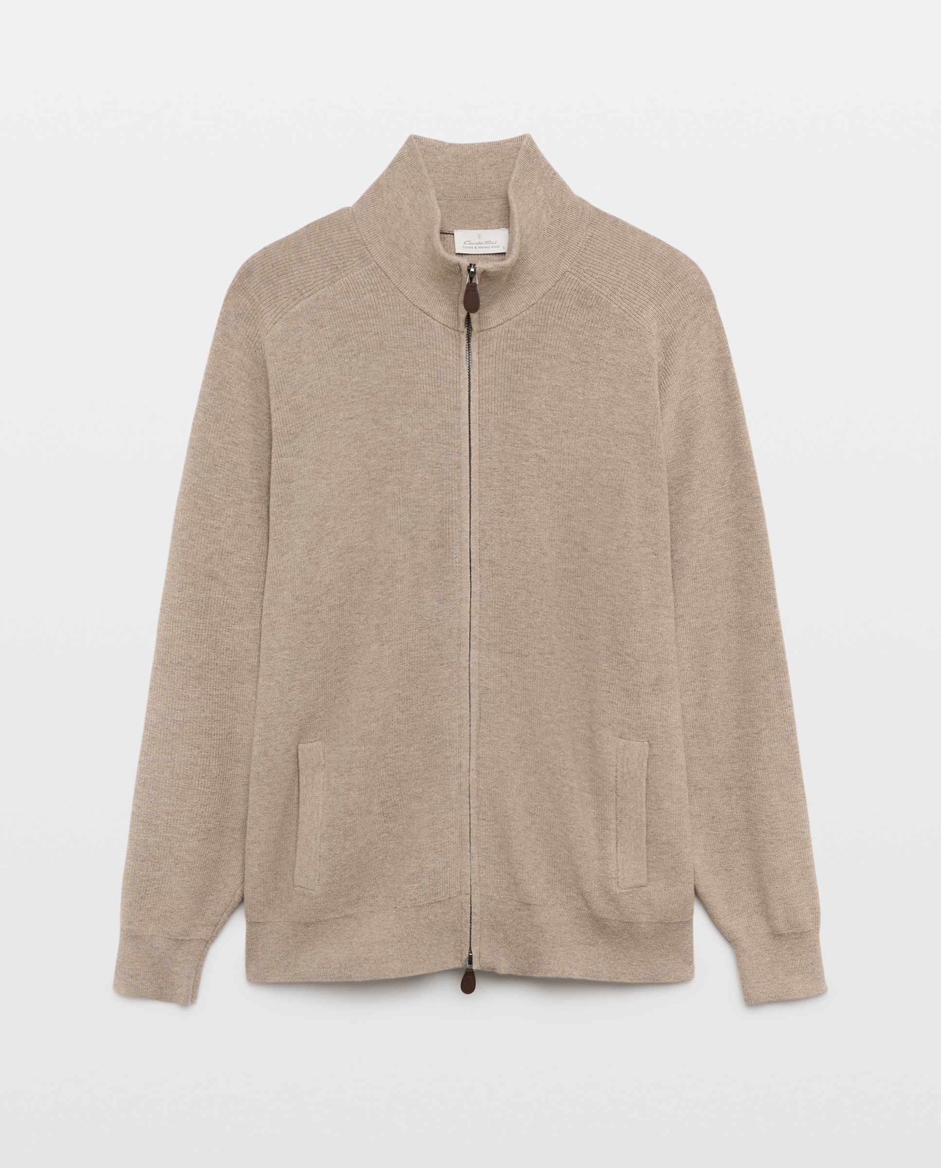 Cardigan de hombre de c/semicisne cremallera liso algodón merino - Emidio Tucci - Marrón claro Marrón claro-4
