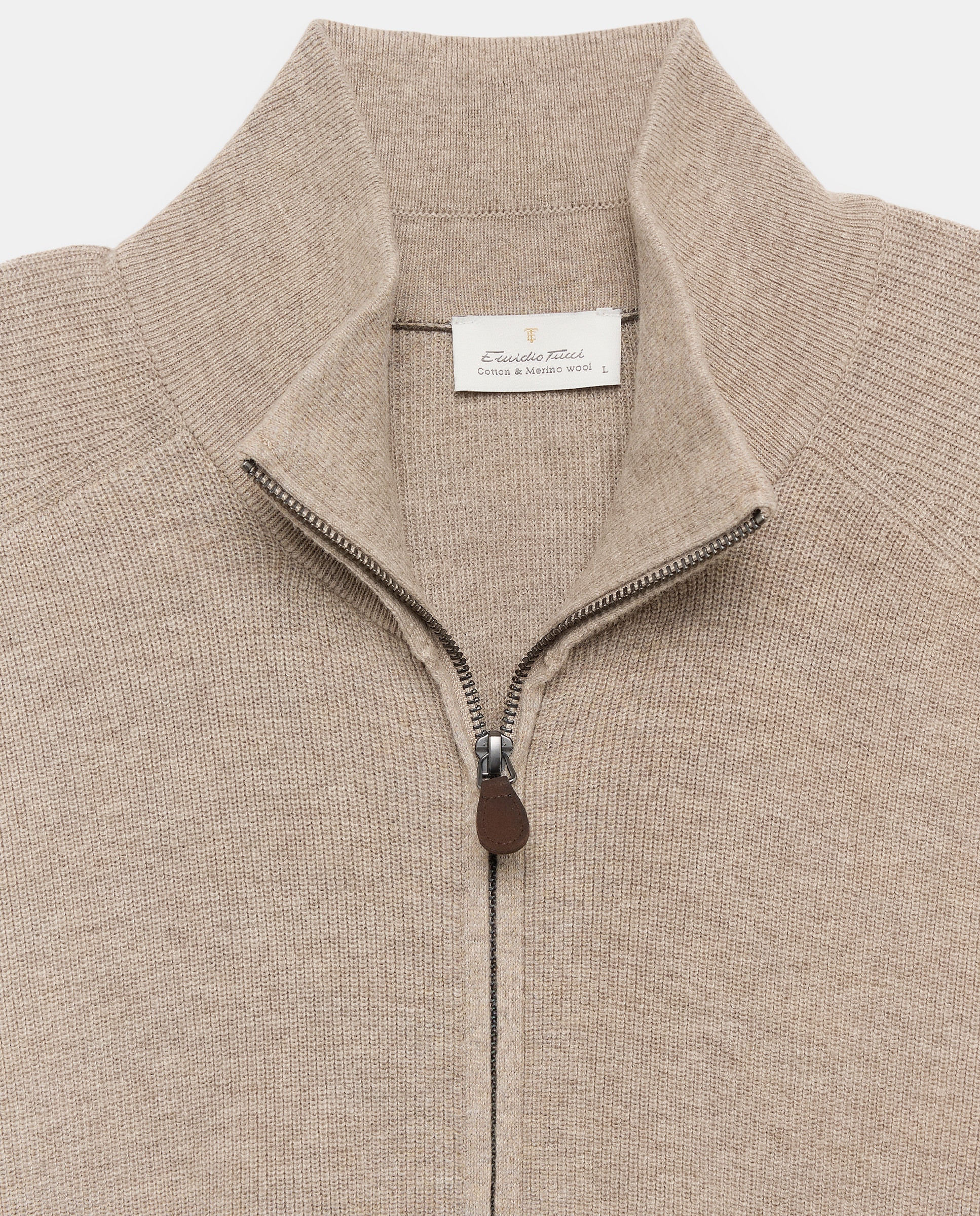 Cardigan de hombre de c/semicisne cremallera liso algodón merino - Emidio Tucci - Marrón claro Marrón claro-5