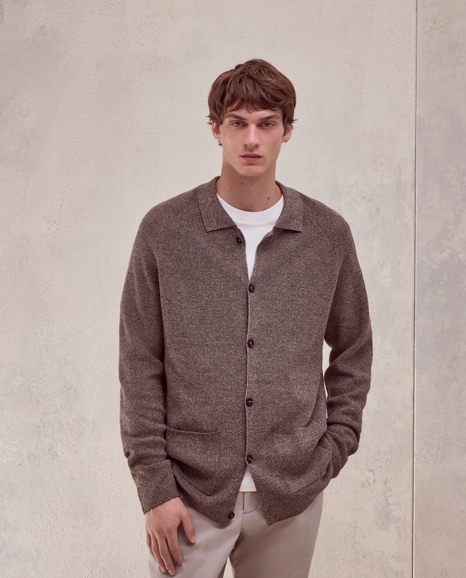 Cardigan 100% Algodão com Colarinho de Polo Canelado Castanho-1