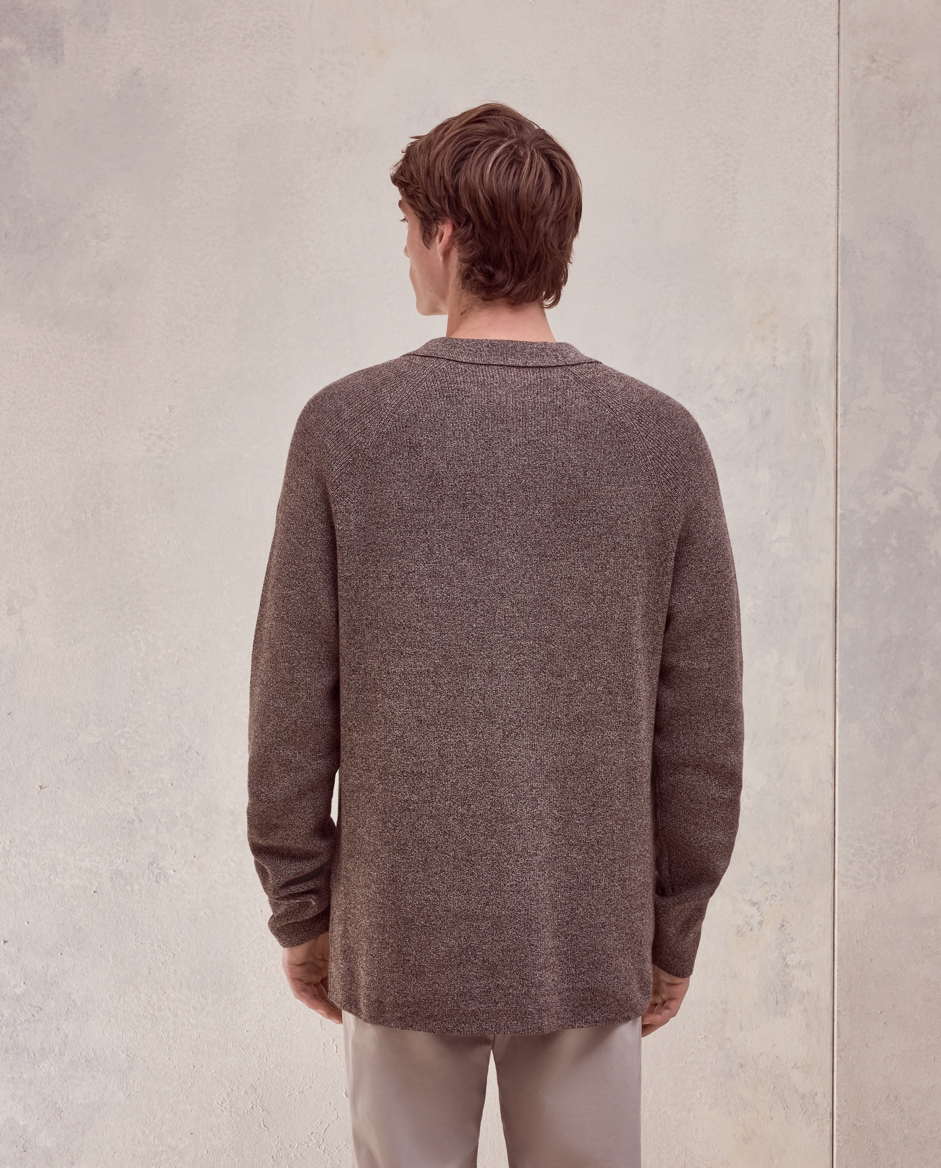 Cardigan 100% Algodão com Colarinho de Polo Canelado Castanho-3