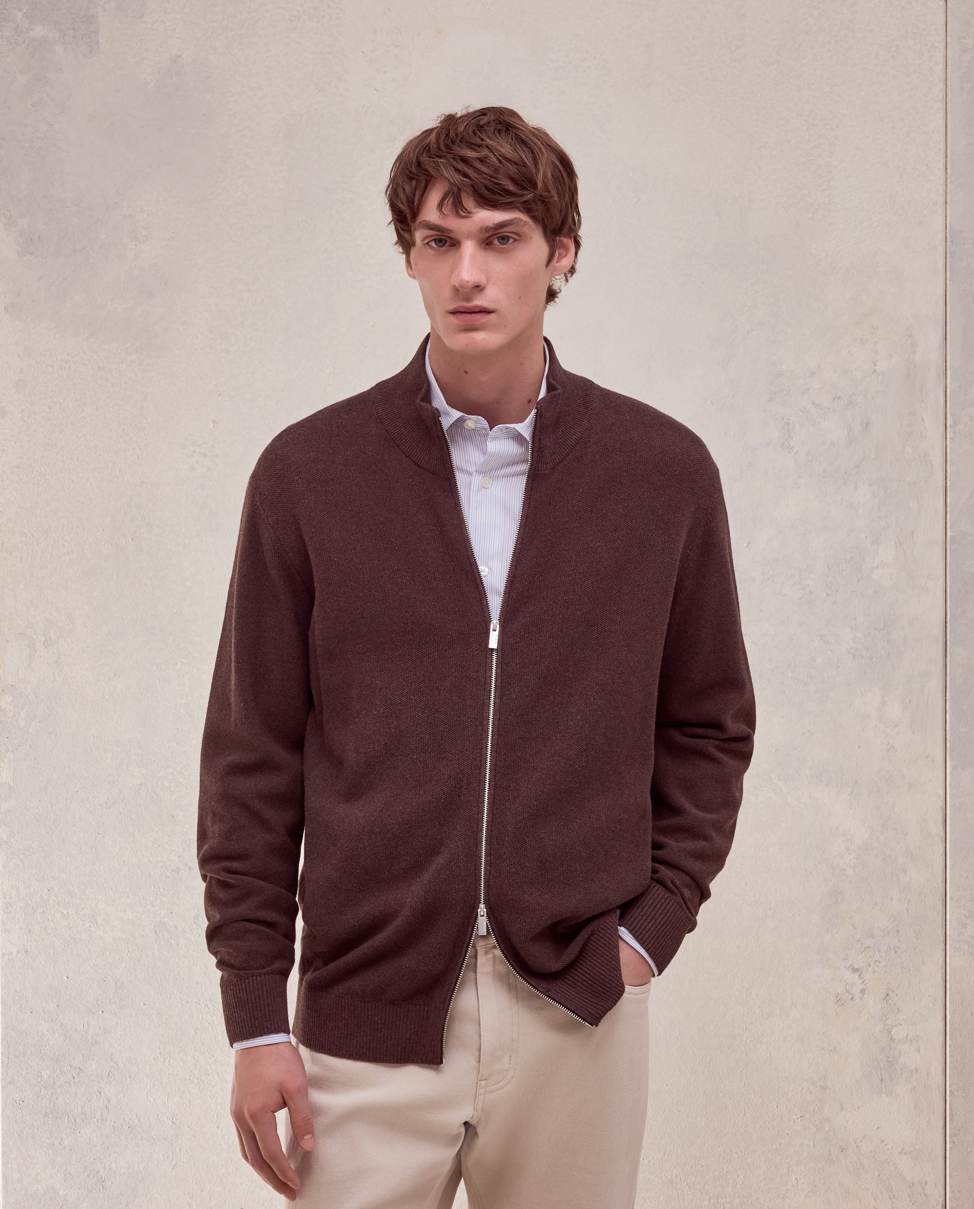 Cardigan cremallera estructura 100% algodón de hombre - Dustin - Marrón oscuro Marrón oscuro-2