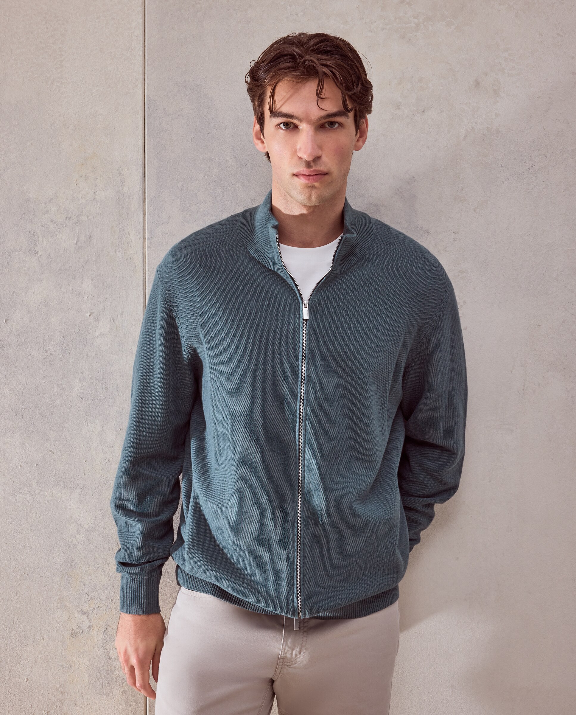 Cardigan cremallera estructura 100% algodón de hombre - Dustin - Verde oscuro Verde oscuro-2