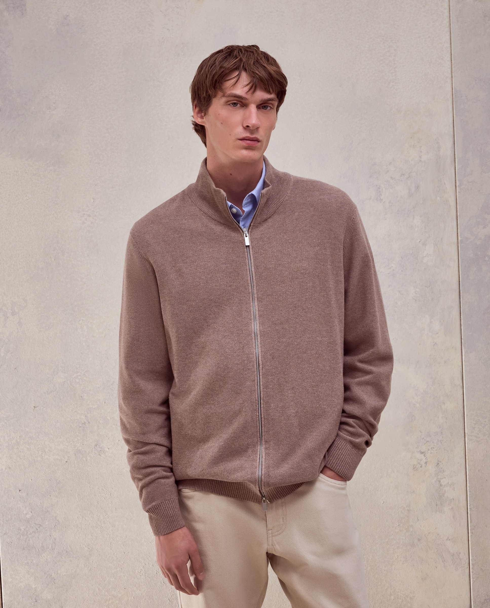 Imagen 0 de Cardigan cremallera estructura 100% algodón de hombre Beige