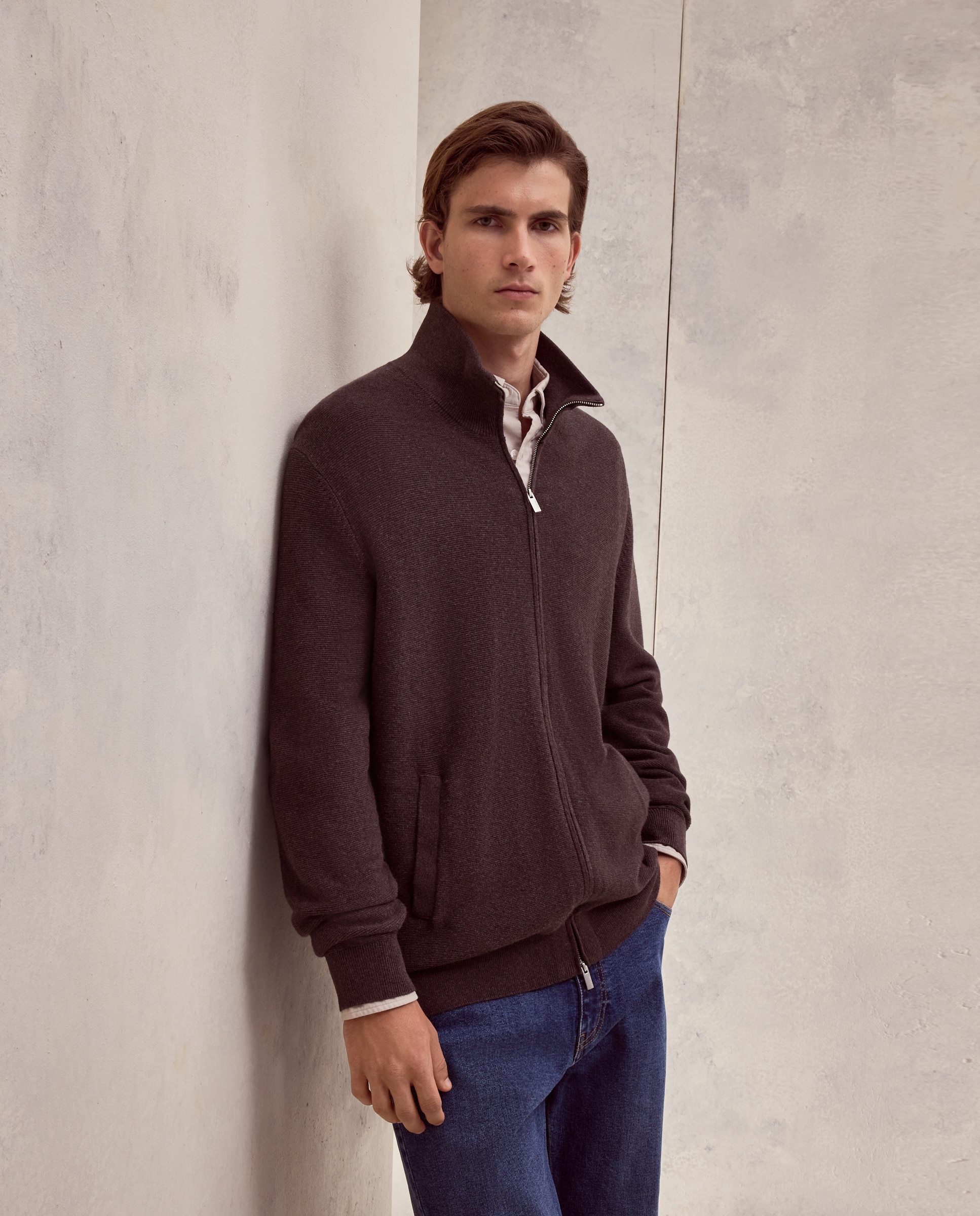 Cardigan cremallera estrucutura algodón - Dustin - cashmere de hombre - Marrón oscuro Marrón oscuro-1