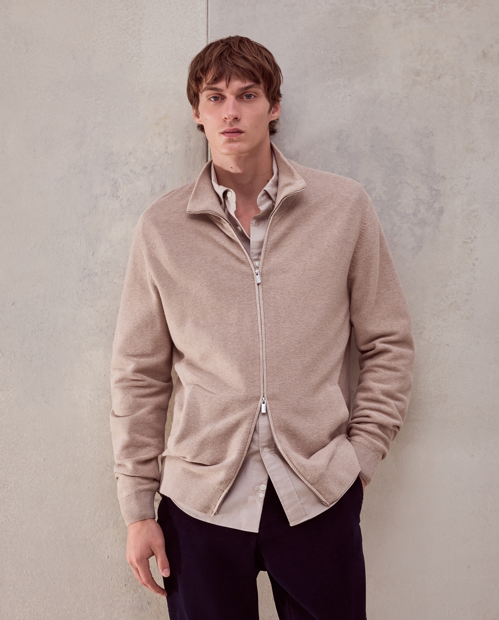 Imagen 0 de Cardigan cremallera estrucutura  algodón - cashmere de hombre Beige