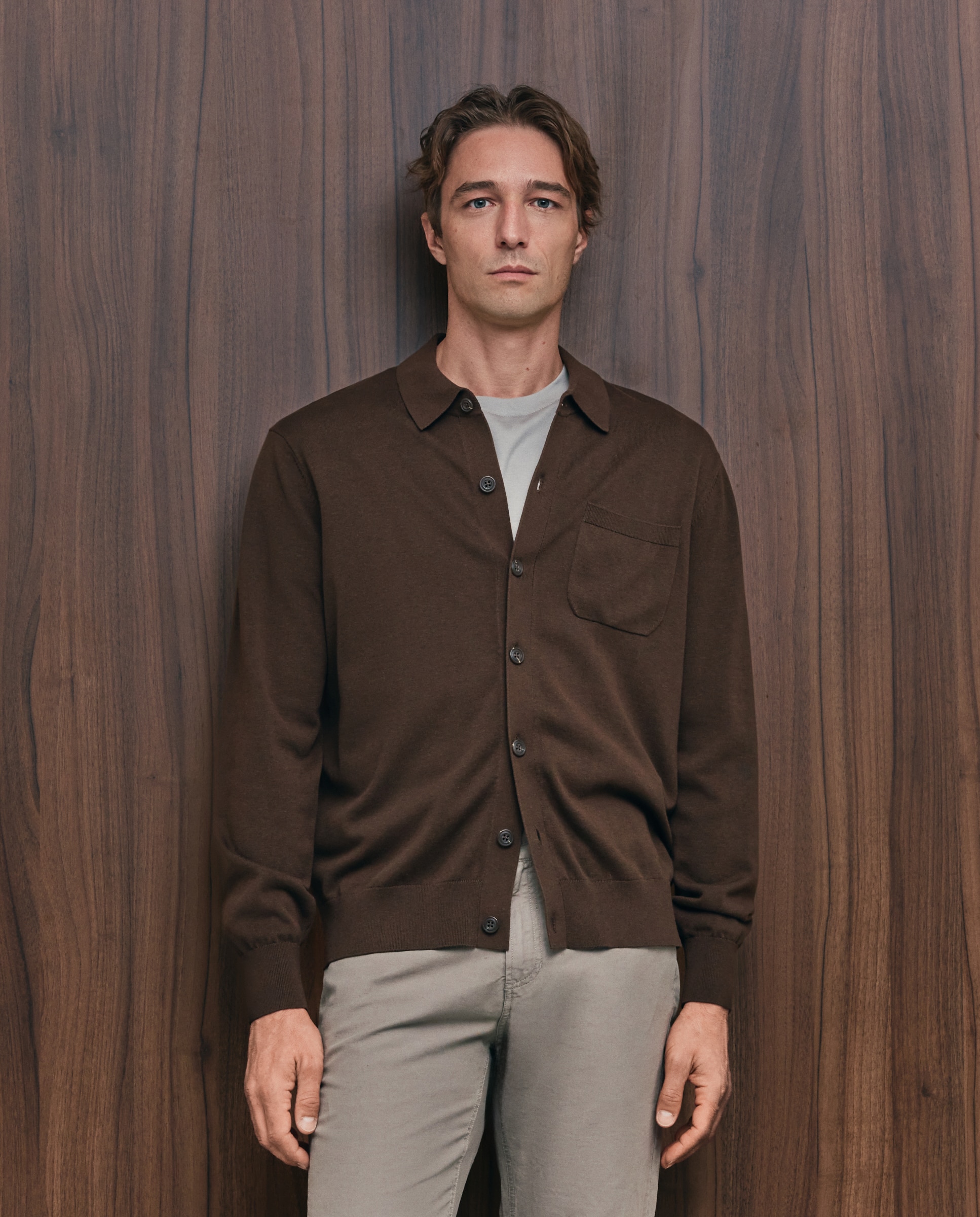 Cardigan de Algodão/Seda com Botões Castanho-escuro-1