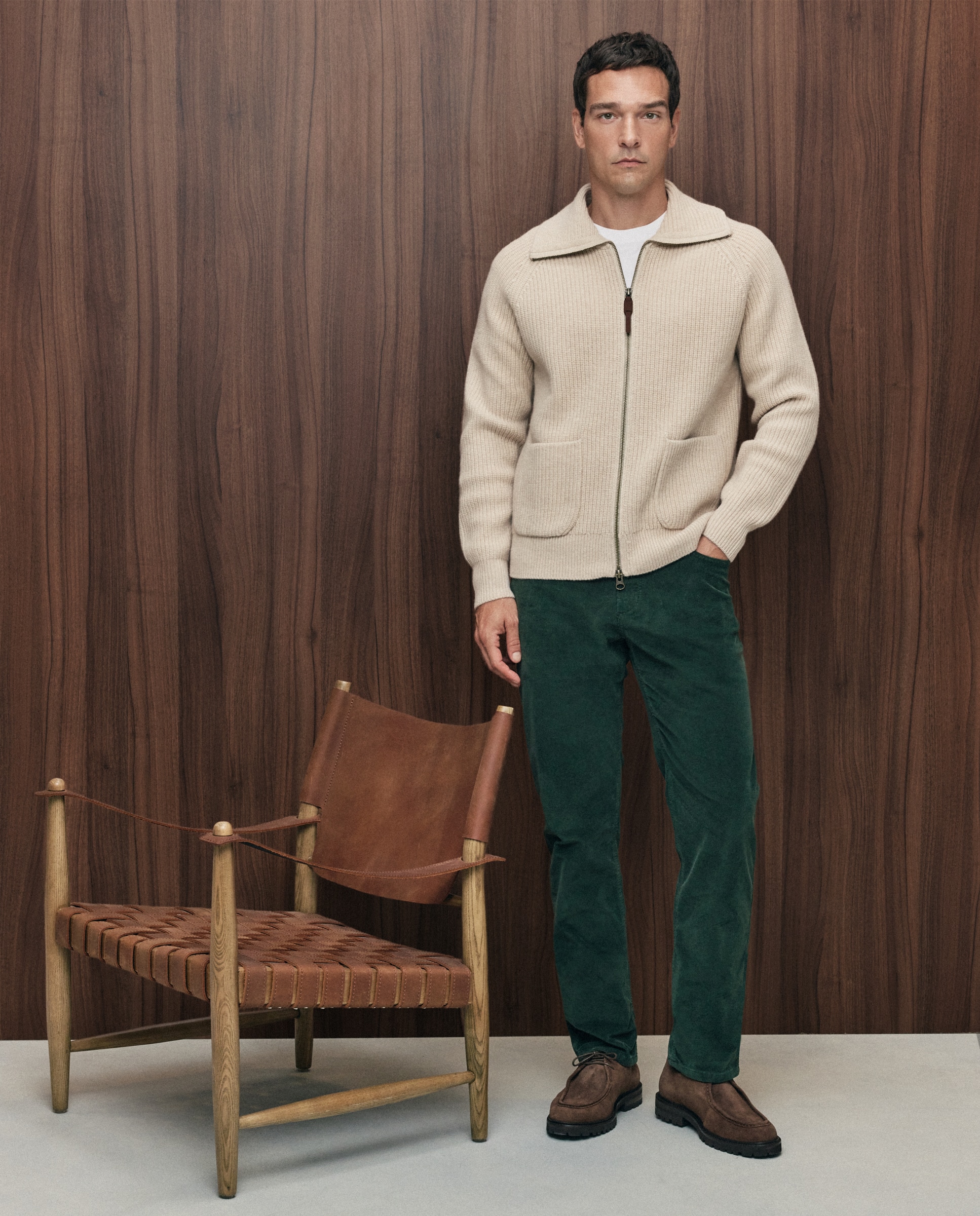 Cardigan Canelado 100% Lambswool com Fecho de Correr Bege-2