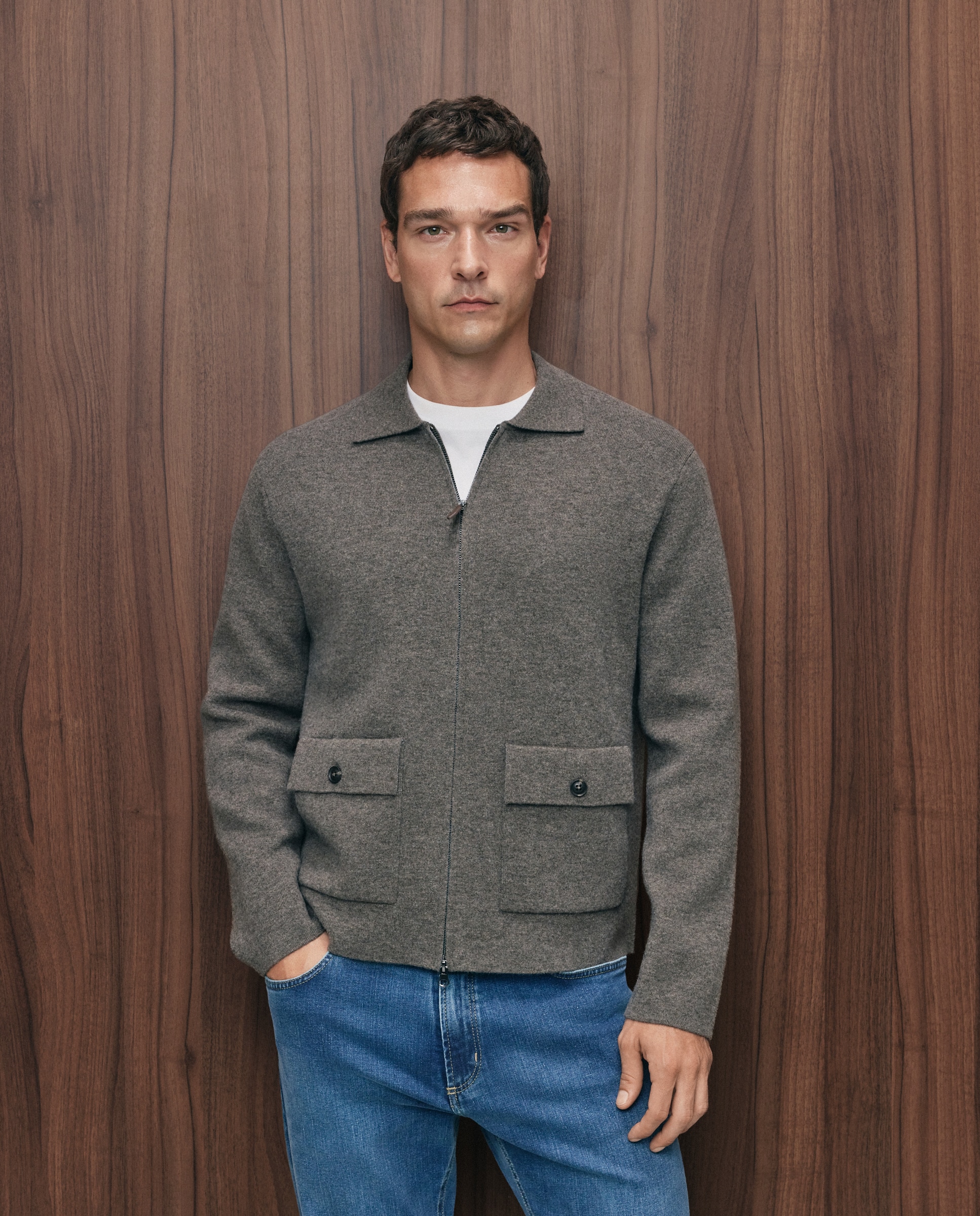 Cardigan cremallera doble face 100% lambswool de hombre - Emidio Tucci - Marrón claro Marrón claro-1