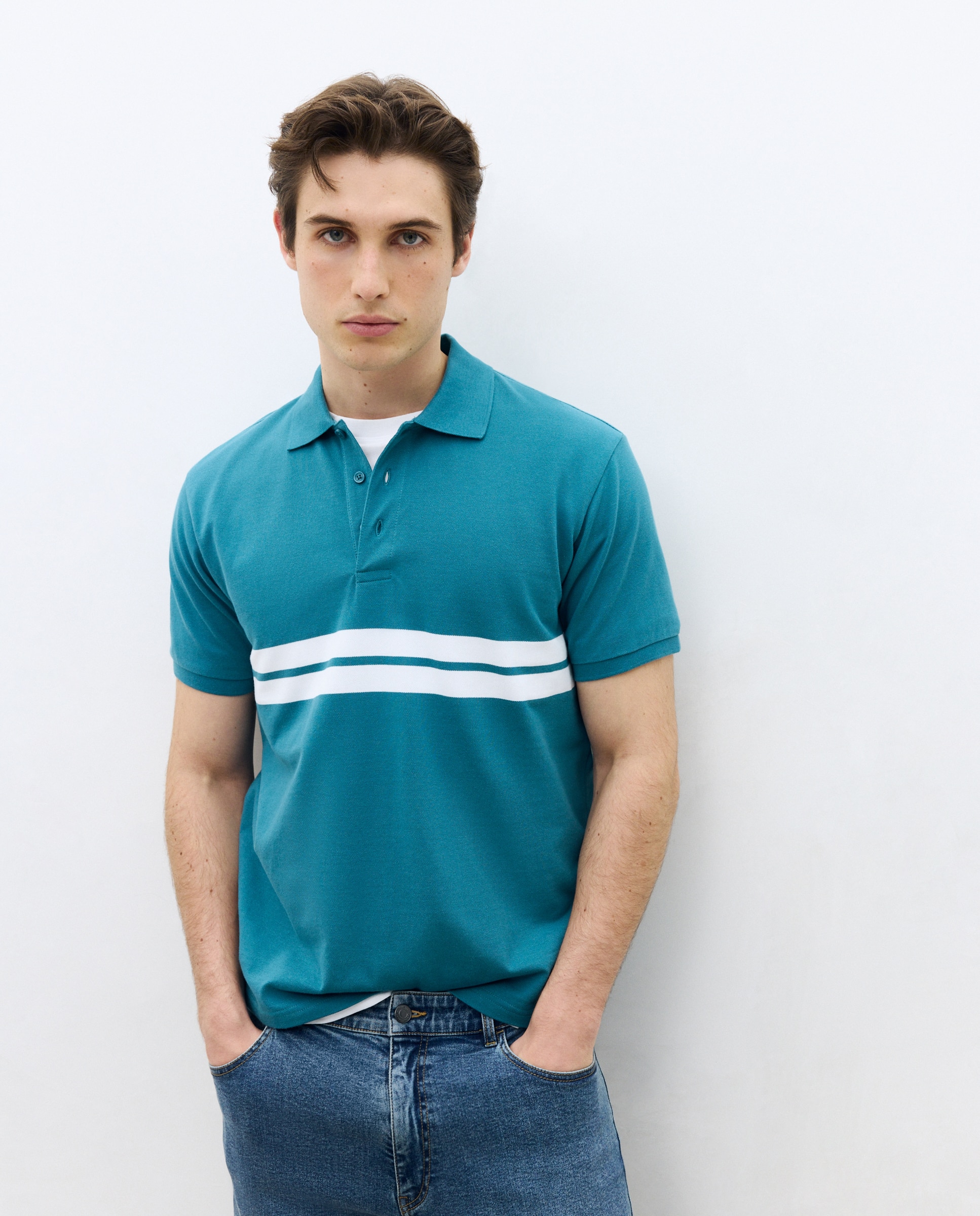 Polo manga corta raya posicional de hombre - Dustin - Blanco Verde Agua-1